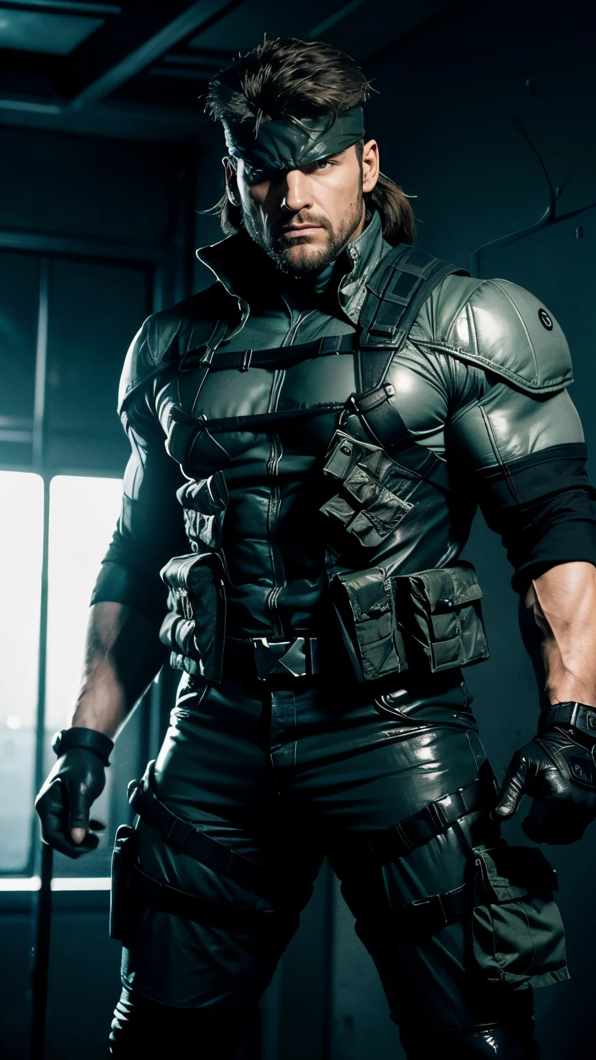 Solid Snake from the Metal Gear Solid PSone game series, featuring his characteristic mullet hairstyle, foulard, et costume furtif. The work must be of the best quality, With a resolution of 4K or higher, capture the essence of Snake's iconic appearance. The color palette should consist of muted earth tones, reflecting the stealthy and military aesthetic of the series. Lighting should be dramatic and moody, with strong contrasts and a focus on showcasing Snake's characteristics. Additional details to include are the weathered textures on Snake's costume., Intricate details on his face, like his piercing blue eyes and scruffy beard, and the inclusion of its weapon of trust, le pistolet silencieux SOCOM. The overall composition of the artwork should convey a sense of tension and stealth, capture Snake's iconic stealth action character.