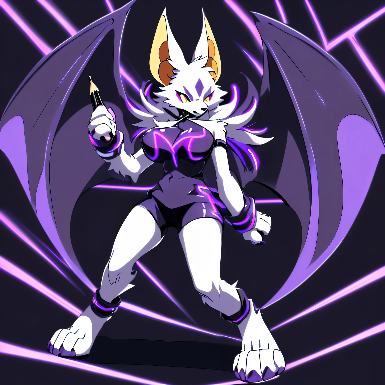 Anime, ((anime style)), ((single person:2)), ((solo drawing:2)), ((solo:2)), ((sfw version:1.5)), ((full body drawing)), ((plush build)), ((wearing a black halter top and knee length black shorts)),  ((Outfit with dark purple neon highlights:1.5)), ((action pose)), ((female Anthro bat)), ((Tall with large round breasts)), ((buxom figure)), ((white fur)), ((white bat ears)), ((white face)), ((neutral expression)), vivid yellow eyes, ((digitigrade legs)), highly detailed anime style, clean lines, white face, short white muzzle, white furry cheeks, white furry muzzle, ((white legs)), ((short claws)), ((adult aged)), ((huge bat wings)), ((black and purple bat wings)), ((single pair of wings)),  ((white paws)), ((hind paws with 4 toes)), ((digitigrade paws))