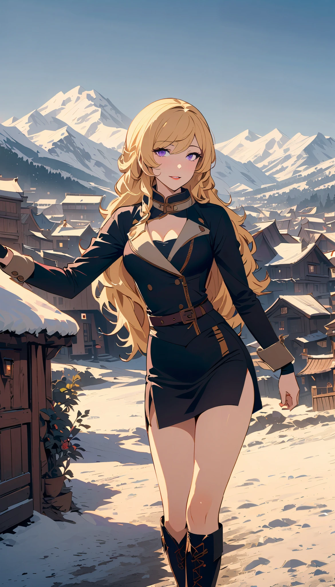 vintage movie, girl, wavy blonde hair, woman body, black top, black bodycon skirt, fur black coat, black boots, sexy. ((winter)), village, konohagakure, yang xiao long from rwby, violet eyes
