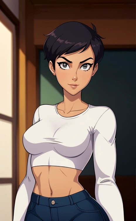 Beautiful Japanese woman who looks like nao jinguji in bedroom taking panties off butt, black hair, 26 years old, tank top, brown eyes, choker, surprised candid look, doe eyes, thong visible, wide hips small waist, juicy butt, black short hair, light freckles on nose bridge, tight shirt no bra under