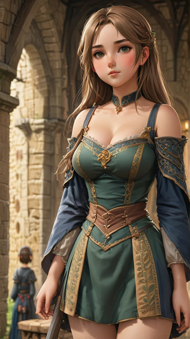 (1 female elf, masterpiece, best quality, ultra-detailed, beautiful detailed, (((extremely detailed face))), (((blunt bangs))), (((big ruffles and ribbon))), sad look, ( ((short tunic to the thighs))), shoulder-length black hair, brown eyes, thin lips, round face, large breasts with cleavage, wide waist, 1.67m and 46kg, standing chained in the dungeon ((chains on hands and neck)) dramatic scene