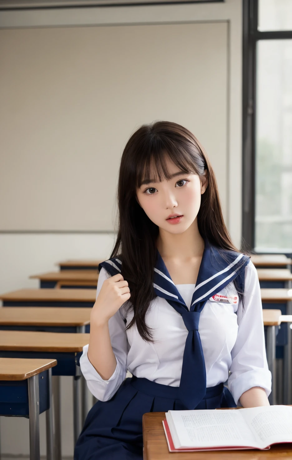 (8K, best quality, masterpiece:1.2), (realistic, photo-realistic:1.37), (high color saturation:1.0), (highly detailed skin), (highest quality:1.0), (ultra high resolution:1.0) ,(realistic:1.0), (Super detailed:1.0), (8K, Raw photo:1.1)、standing random pose, smiling, natural breast, perfect lighting, ((3girls students)), 18years old, (mysterious), clear and detailed, ((school_uniform, Japanese sailor uniform, flared skirt)), (classroom), cute face, (no panties),