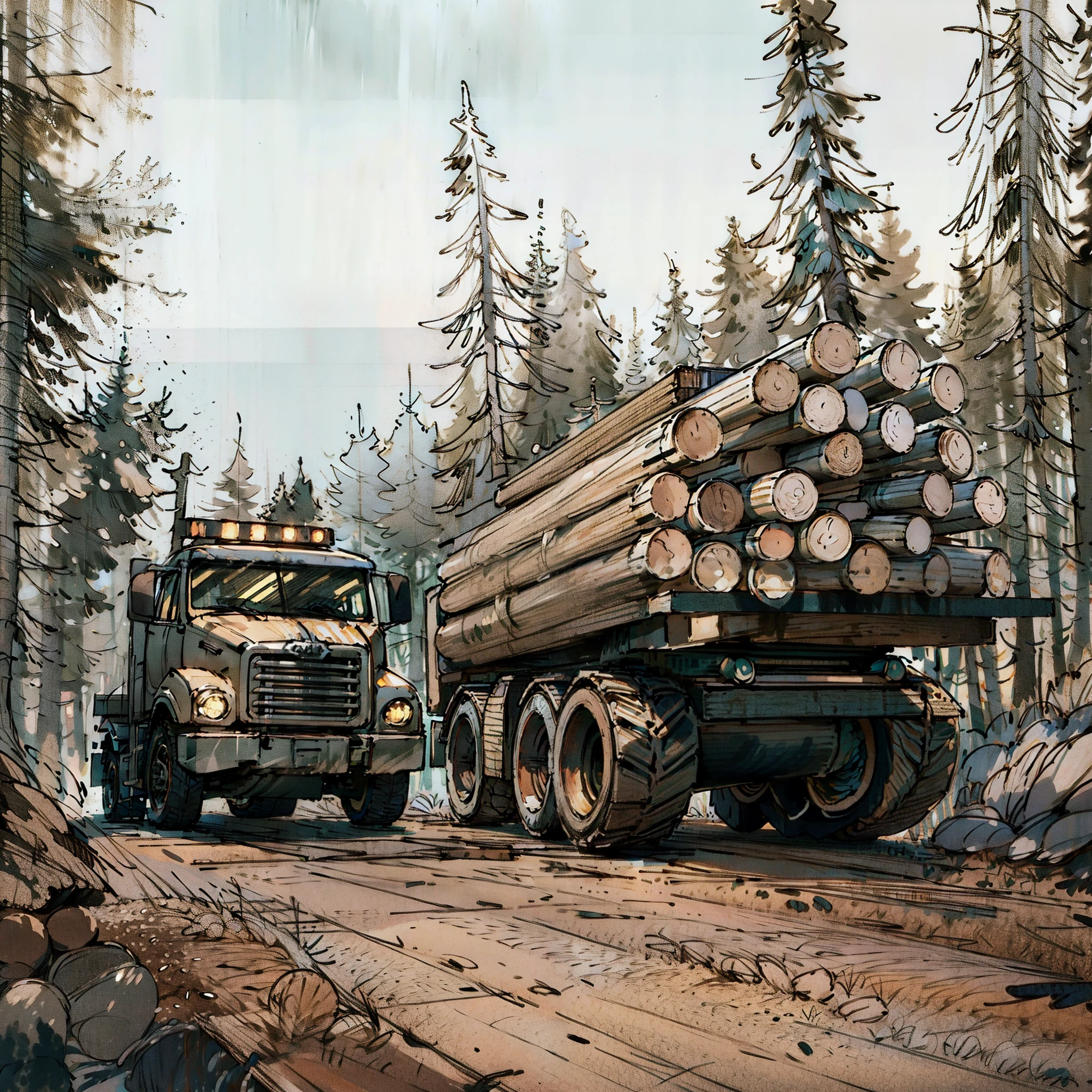 there are two trucks that are hauling logs down the road, forestry, deforestation, stock photo, heavy forest outside, heavy forest, lumberjack, big trees, wooden logs, istock, cleared forest, forest clearing, stock image, truck, shutterstock, photo shot, cut, the photo shows a large, portrait of a big, forest clearing landscape, boreal forest