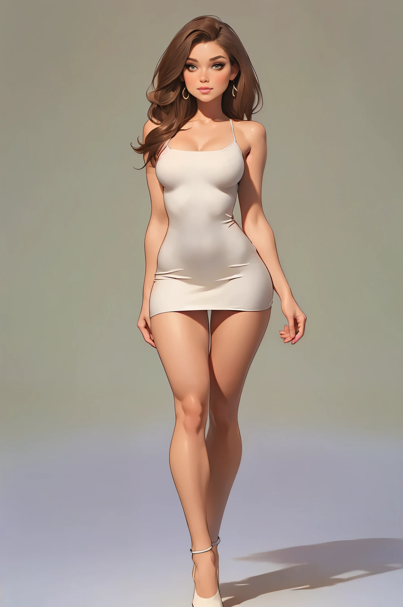 A woman, ((dressed in a sexy white mini micro dress)):1.4, brown long hair, (((Full body drawing))):1.5, curvy, ((long legs)),(((long body))):1.6,((perfekt eyes))):1.5,((softly rounded)):1.6, (small breast):1.9, (((wide hips))):1.7, ((Chubby hips)):1.7, (small waist):1.7,(small torso):1.8, (((rounded legs))):1.7