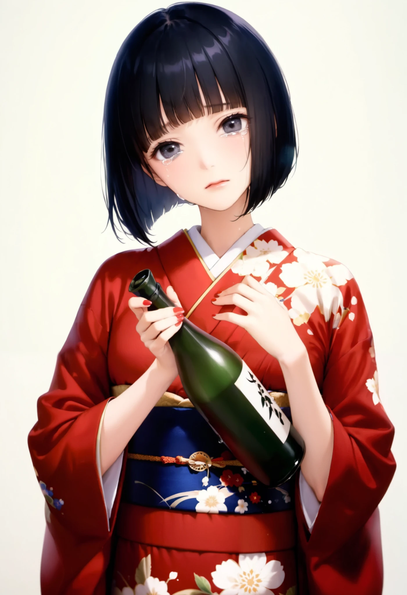 score_9, score_8_up, score_7_up, (1girl, solo), (upper body, looking at viewer), (black short hair, bob cut, blunt bangs), (black eyes, crying, tears), (Japanese clothes, kimono, floral print, sash, long sleeves, obi), head tilt, holding Japanese SAKE bottle, (nail polish, red nails), (simple background, grey background)