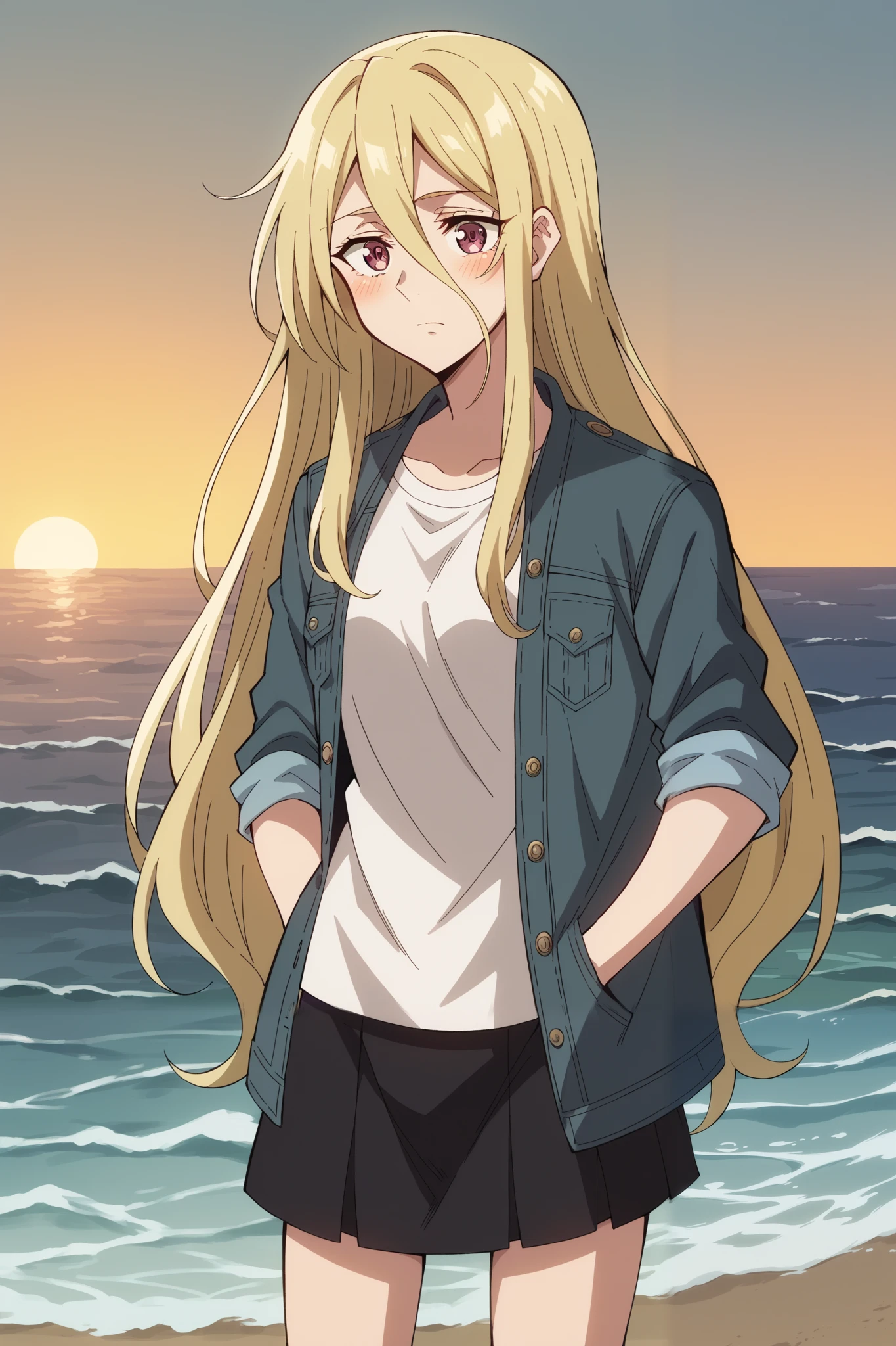 score_9, score_8_up, score_7_up, score_6_up, score_5_up, blonde in profile, 1 girl, long-haired blonde, fragile, slim, light golden long hair , bangs on the forehead, hair between eyes , raspberry eyes , dark pink eyes , modern t-shirt , Mini-skirt, denim jacket, hands in pockets . stands on sea water among the waves , Sunset, twilight. sea, looks at the sea, 1 girl, solo, blush, around her body light green electrical discharges
