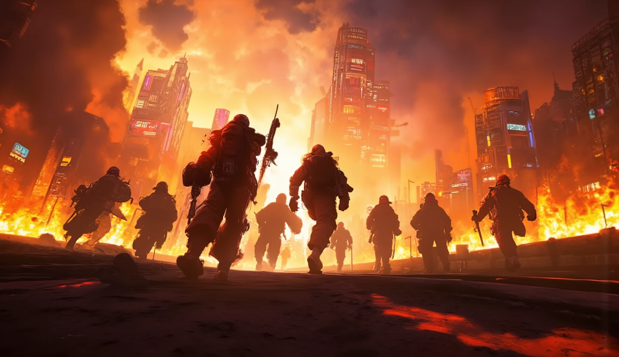 It represents a dramatic scene of a massive fire that devours the city and the heroes arriving on the scene
