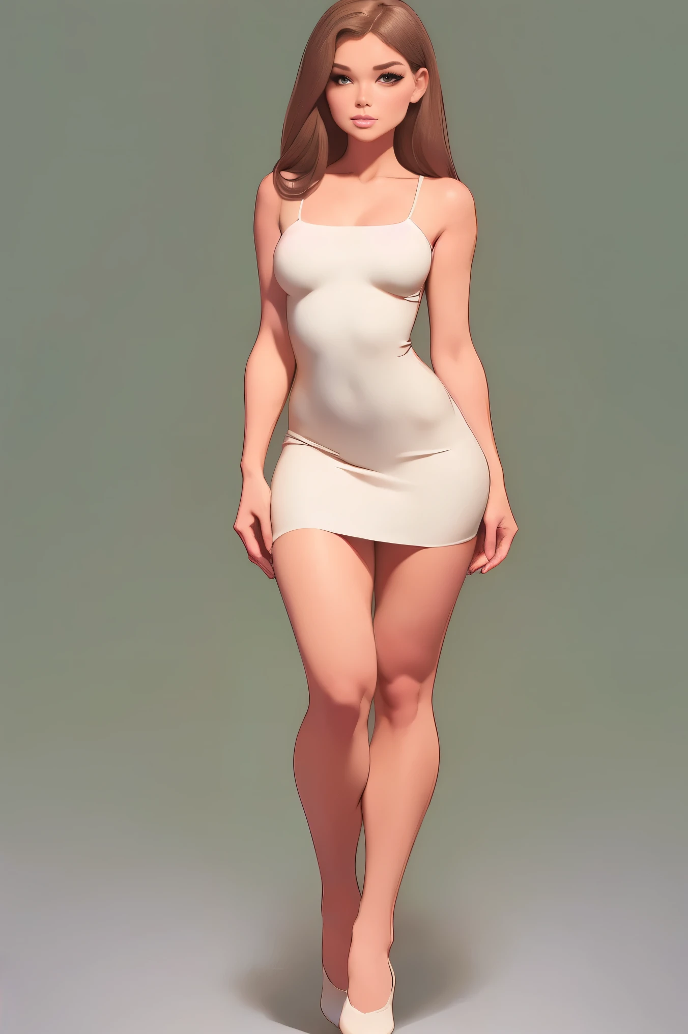 A woman, ((dressed in a sexy white mini micro dress)):1.4, brown long hair, (((Full body drawing))):1.5, curvy, ((long legs)),((perfekt eyes))):1.5,((softly rounded)):1.6, (small breast):1.9, (((wide hips))):1.7, ((Chubby hips)):1.7, (small waist):1.7,(small torso):1.8, (((rounded legs))):1.7