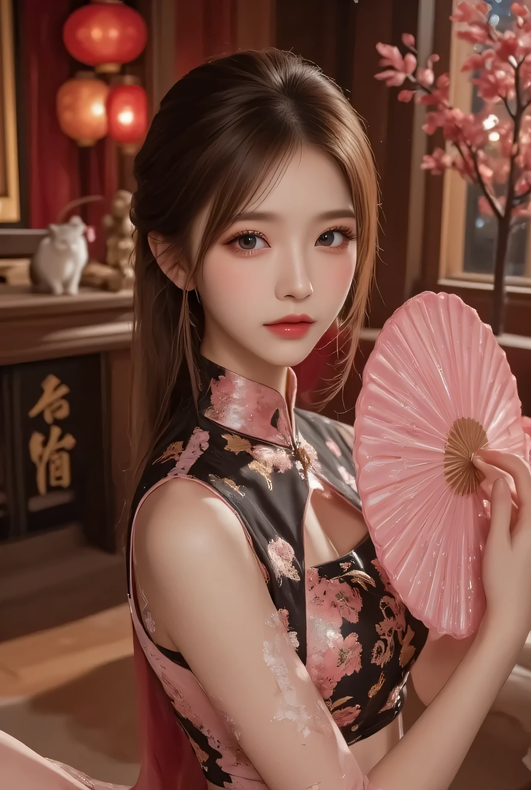 A close-up, head-and-shoulders portrait of a beautiful Korean idol with fine facial features and a ponytail, wearing a pink-black short cheongsam adorned with intricate gold phoenix and silver floral embroidery. She stands gracefully in a warmly lit room featuring a vintage fireplace and traditional Chinese New Year decorations, including vibrant red lanterns, decorative calligraphy scrolls, a small Chinese orange tree with golden ornaments, and red envelopes scattered around. Adorable, playful cats are part of the scene—some near the tree, others interacting with the red envelopes. Through a window or open door in the background, vibrant Chinese fireworks illuminate the night sky in reds, golds, and blues, casting a magical glow into the room. The idol holds a Chinese paper fan with pink feathers, complemented by pink lipstick and subtle accessories like red hairpins or earrings, enhancing her festive look. The atmosphere is warm and lively, filled with the joyful essence of the celebration, highlighted by dramatic, chiaroscuro lighting, deep contrast, pleasant colors, and intricate, elaborate patterns, creating a super-detailed, realistic 8K cinematic composition.