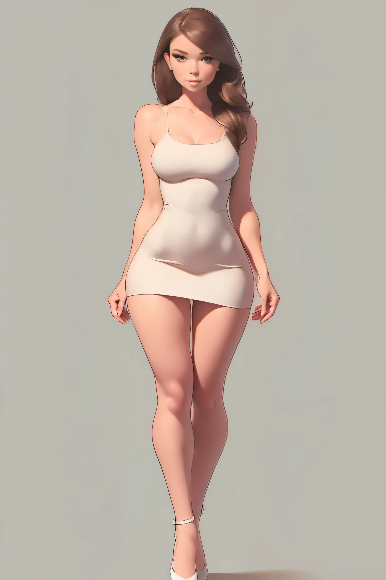 A woman, ((dressed in a sexy white mini micro dress)):1.4, brown long hair, (((Full body drawing))):1.5, curvy, ((long legs)),(((long body))):1.6,((perfekt eyes))):1.5,((softly rounded)):1.6, (small breast):1.9, (((wide hips))):1.7, ((Chubby hips)):1.7, (small waist):1.7,(small torso):1.8, (((rounded legs))):1.7