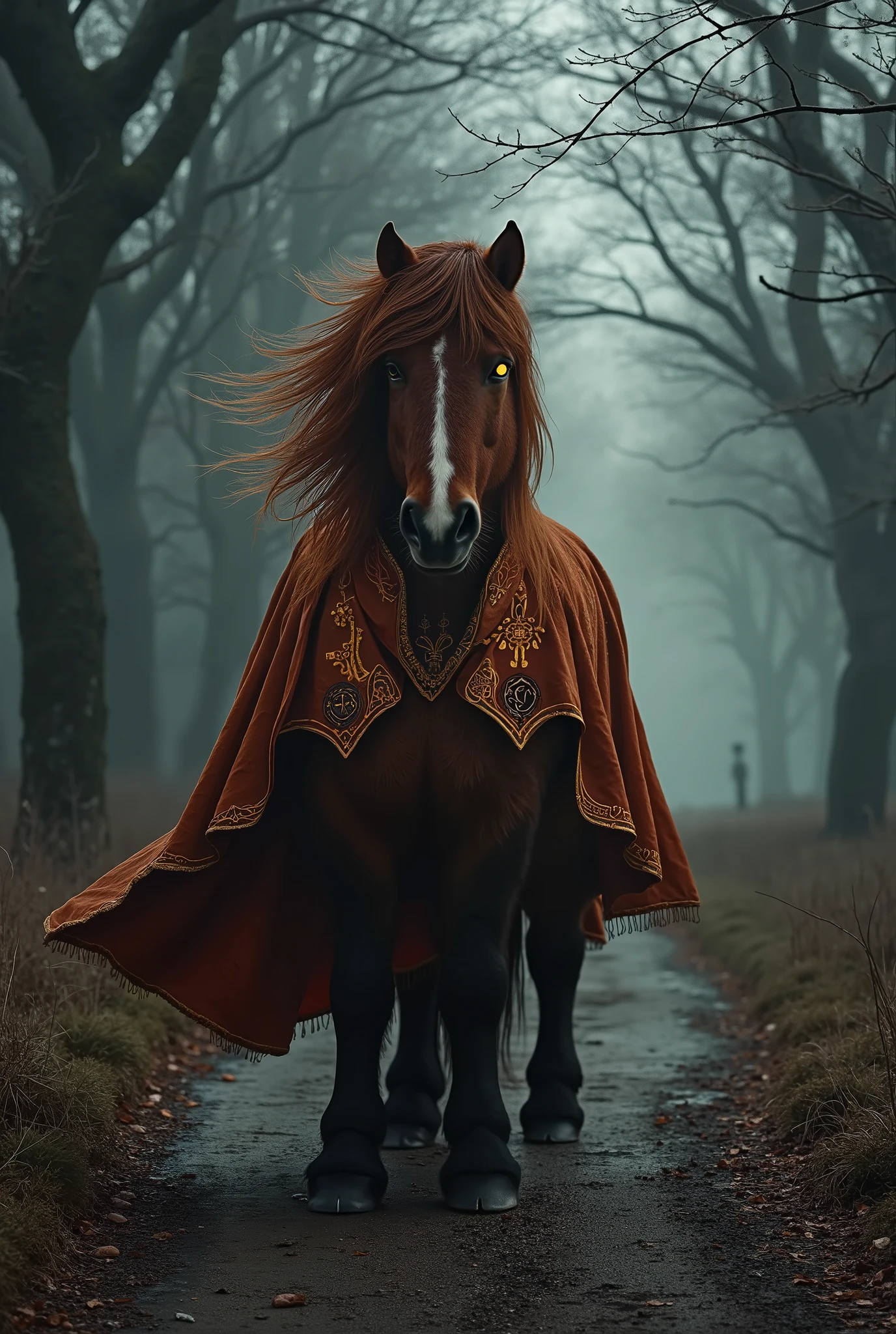 The intelligent horse constable is a wizard in a coat in a dark fantasy on a country road on all fours