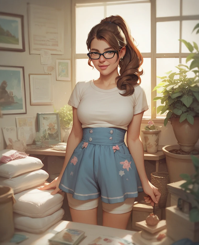 1 girl, red lip, piggy eyes, high forehead, big chest, sexy, blue skirt --auto