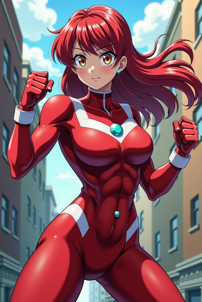masterpiece, Highest quality, High resolution, A close-up of a woman with short brown hair, A woman with blue eyes, solo, Big Breasts, A woman with very large breasts, Made by Anime Artist Studio, Boobs, clothing:Red leotard, A woman is standing, leotard with an red, Anime Style, Muscular Woman, feminine and muscular, Skin-tight leotards, tall, High school girls, Adult sex appeal, Wore pantyhose, Anime dick!!!!, Skin tight pantyhose, leotard top with an tank top, leotard bottom with an high leg,pantyhose with an black, Bare shoulders, Bare Arms, Leotard and pantyhose only, Cowboy Shot, looking at viewer, Female focus,