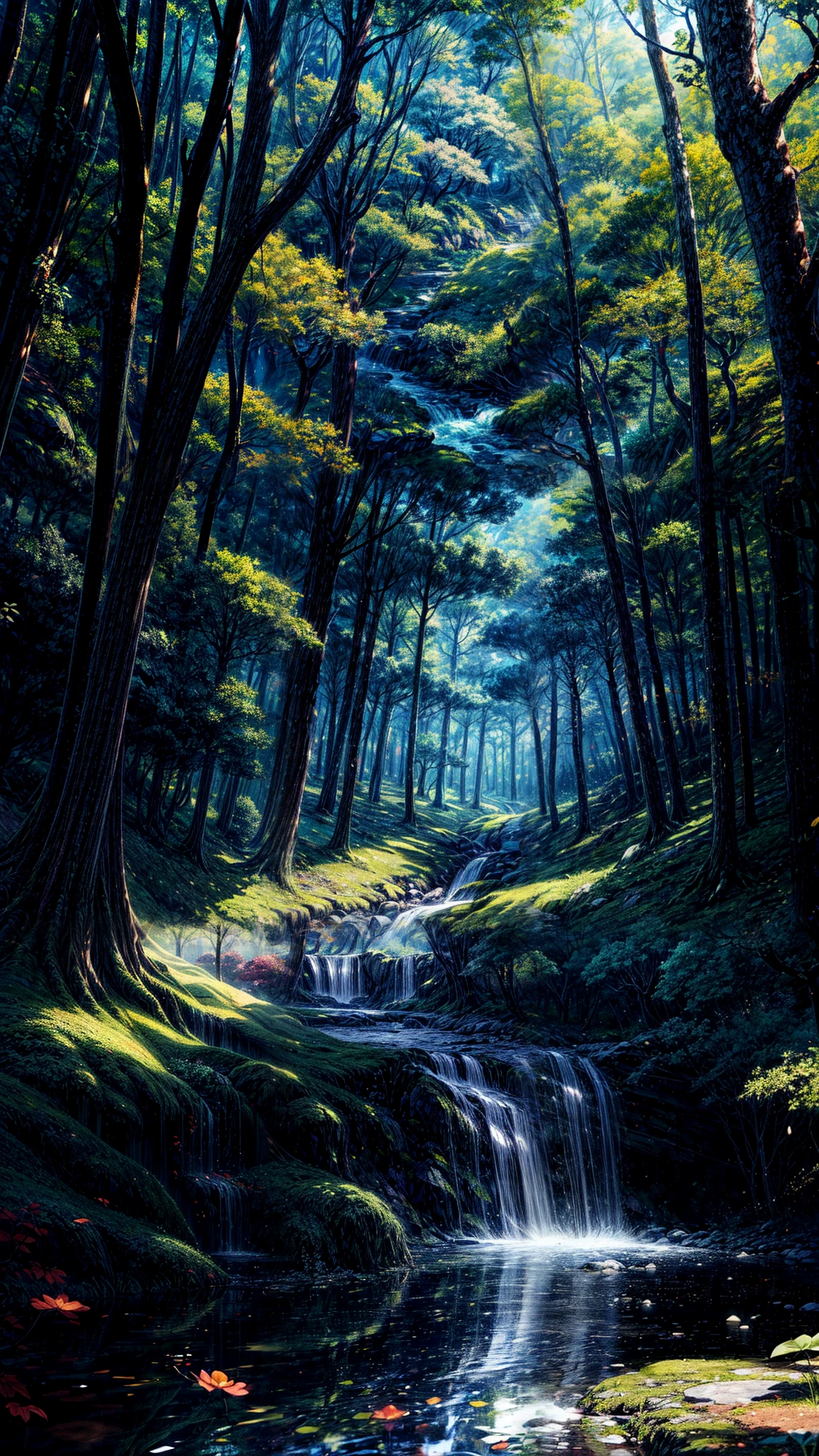 Viral anime nature wallpaper in 4K quality, in the style of digital illustration inspired by Hayao Miyazaki, featuring a serene forest with towering ancient trees, dappled sunlight filtering through the leaves, a gentle stream flowing through the scene, and mystical creatures peeking from behind the foliage; vibrant and warm color temperature, cosmos lighting with stars twinkling in the sky, no human characters, the atmosphere is tranquil and enchanting
