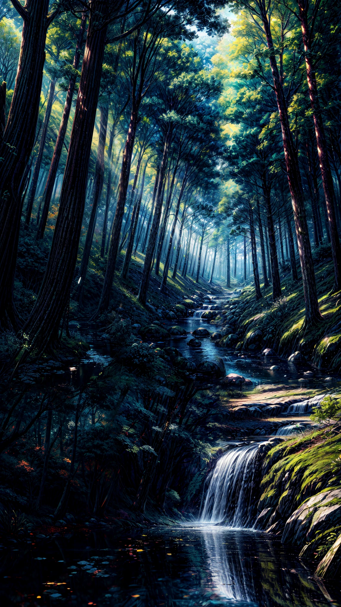 Viral anime nature wallpaper in 4K quality, in the style of digital illustration inspired by Hayao Miyazaki, featuring a serene forest with towering ancient trees, dappled sunlight filtering through the leaves, a gentle stream flowing through the scene, and mystical creatures peeking from behind the foliage; vibrant and warm color temperature, cosmos lighting with stars twinkling in the sky, no human characters, the atmosphere is tranquil and enchanting