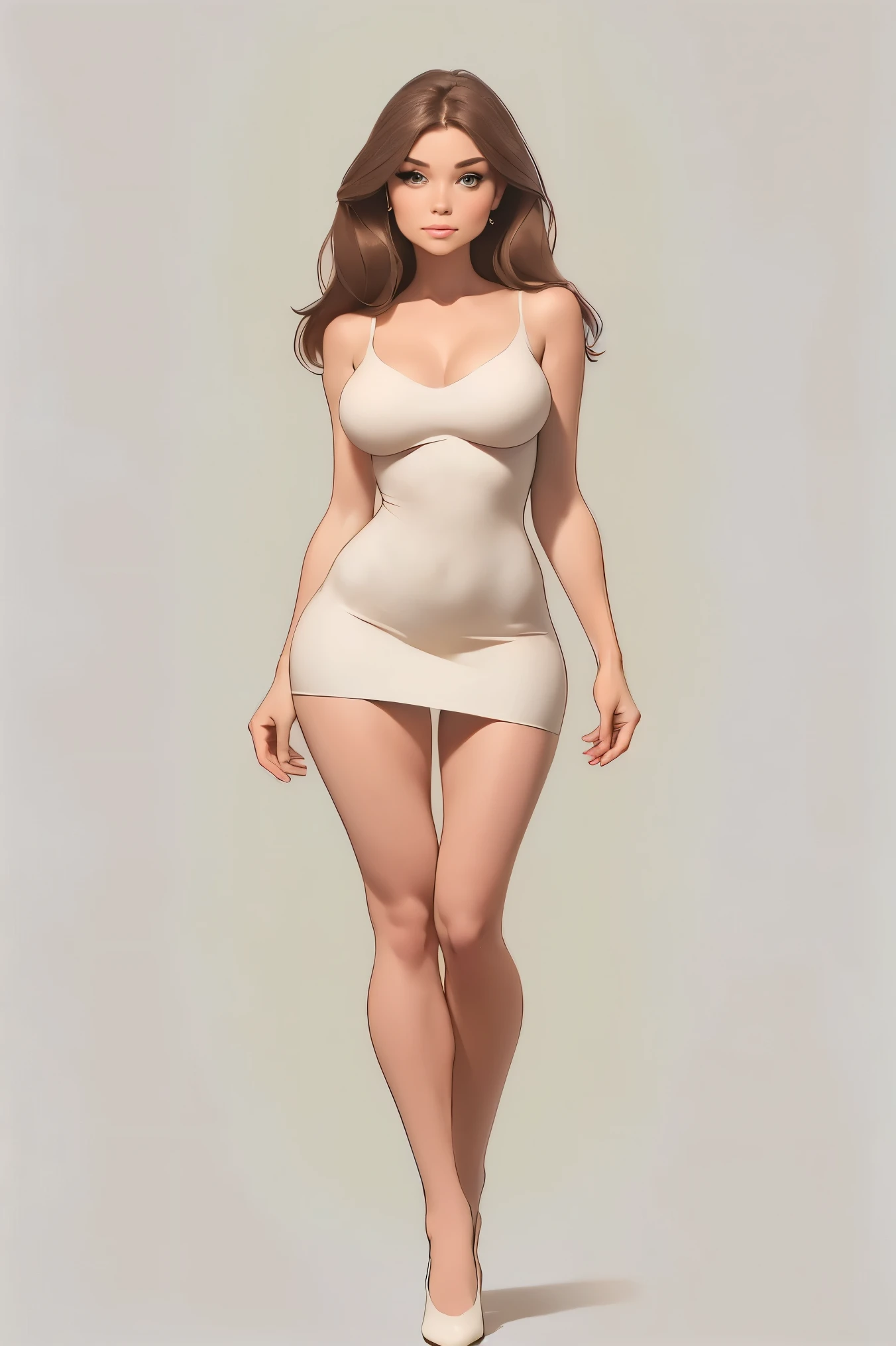 A woman, ((dressed in a sexy white mini micro dress)):1.4, brown long hair, (((Full body drawing))):1.5, curvy, ((long legs)),(((long body))):1.6,((perfekt eyes))):1.5,((softly rounded)):1.6, (small breast):1.9, (((wide hips))):1.7, ((Chubby hips)):1.7, (small waist):1.7,(small torso):1.8, (((rounded legs))):1.7