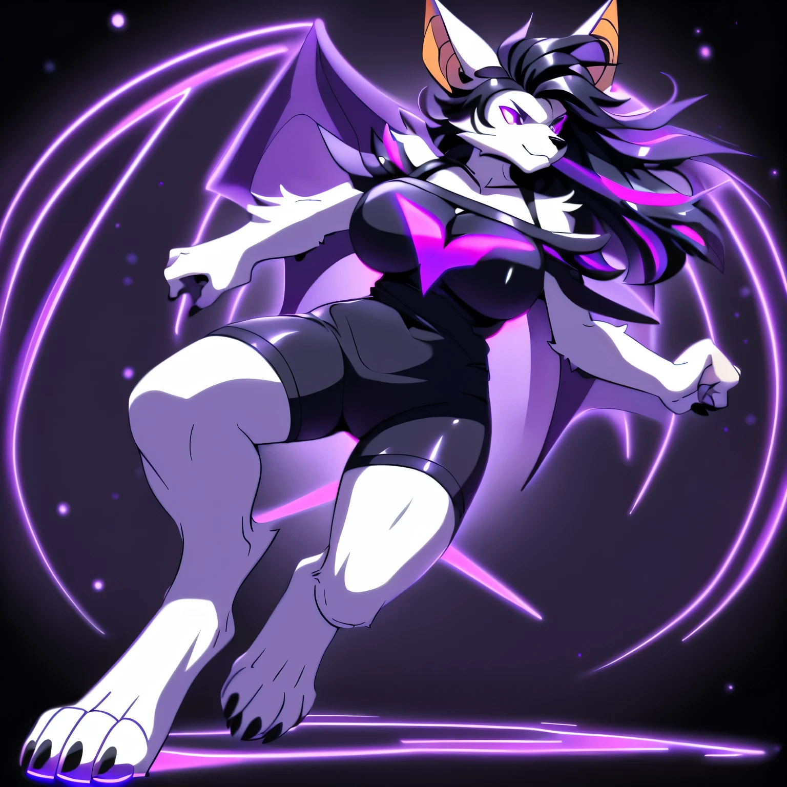 Anime, ((anime style)), ((single person:2)), ((solo drawing:2)), ((solo:2)), ((sfw version:1.5)), ((full body drawing)), ((plush build)), ((wearing a black halter top)), ((knee length black shorts:1.5)), ((dark purple neon highlights:1.5)), ((action pose)), ((female Anthro bat)), ((Tall with large round breasts)), ((buxom figure)), ((white fur)), ((white bat ears)), ((white face)), ((neutral expression)), vivid yellow eyes, ((digitigrade legs)), highly detailed anime style, clean lines, white face, short white muzzle, white furry cheeks, white furry muzzle, ((white legs)), ((short black claws)), ((adult aged)), ((huge bat wings)), ((black and purple bat wings)), ((single pair of wings)), ((white paws)), ((hind paws with 4 toes)), ((digitigrade paws)), ((Shoulder length black hair with neon purple highlights))