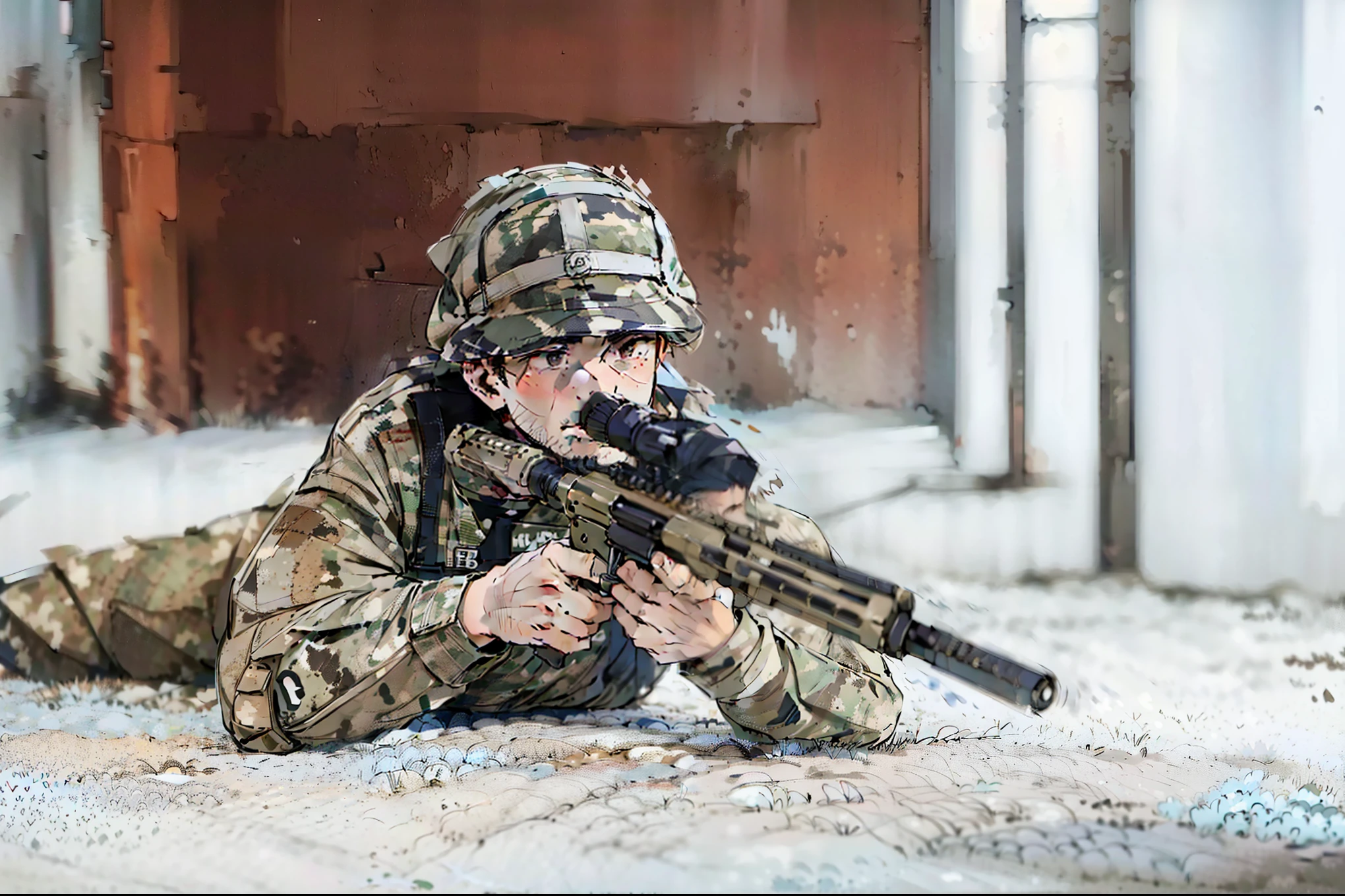 arafed soldier with rifle lying on the ground in a building, holding rifle, a soldier aiming a gun, holding a sniper rifle, airsoft cqb, holding a rifle, military photography, military weaponry, with rifle, carrying a rifle, with rifle in hands, man is carrying a rifle, bolt action rifle, soldier, wielding assault rifle, multicam camo