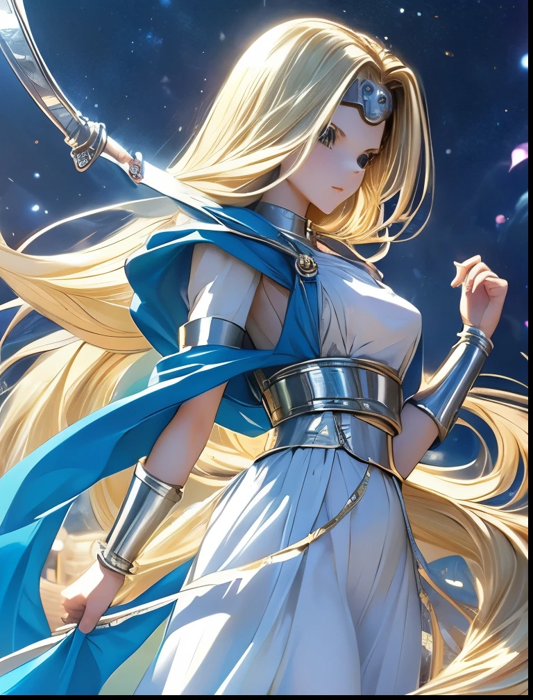 (((SFW、Accuracy、Highest quality、 A first-class masterpiece 、 Normal body 、8k、 detailed face 、 super precision 、 Normal Hands 、5 fingers、Highest)))、" DRAGON QUEST VI "、Mireille、Mireyu、 Blonde、 STRAIGHT LONG HAIR、Big Breasts、 slender、White and blue robes、 CIRCLET 、3-way whip
