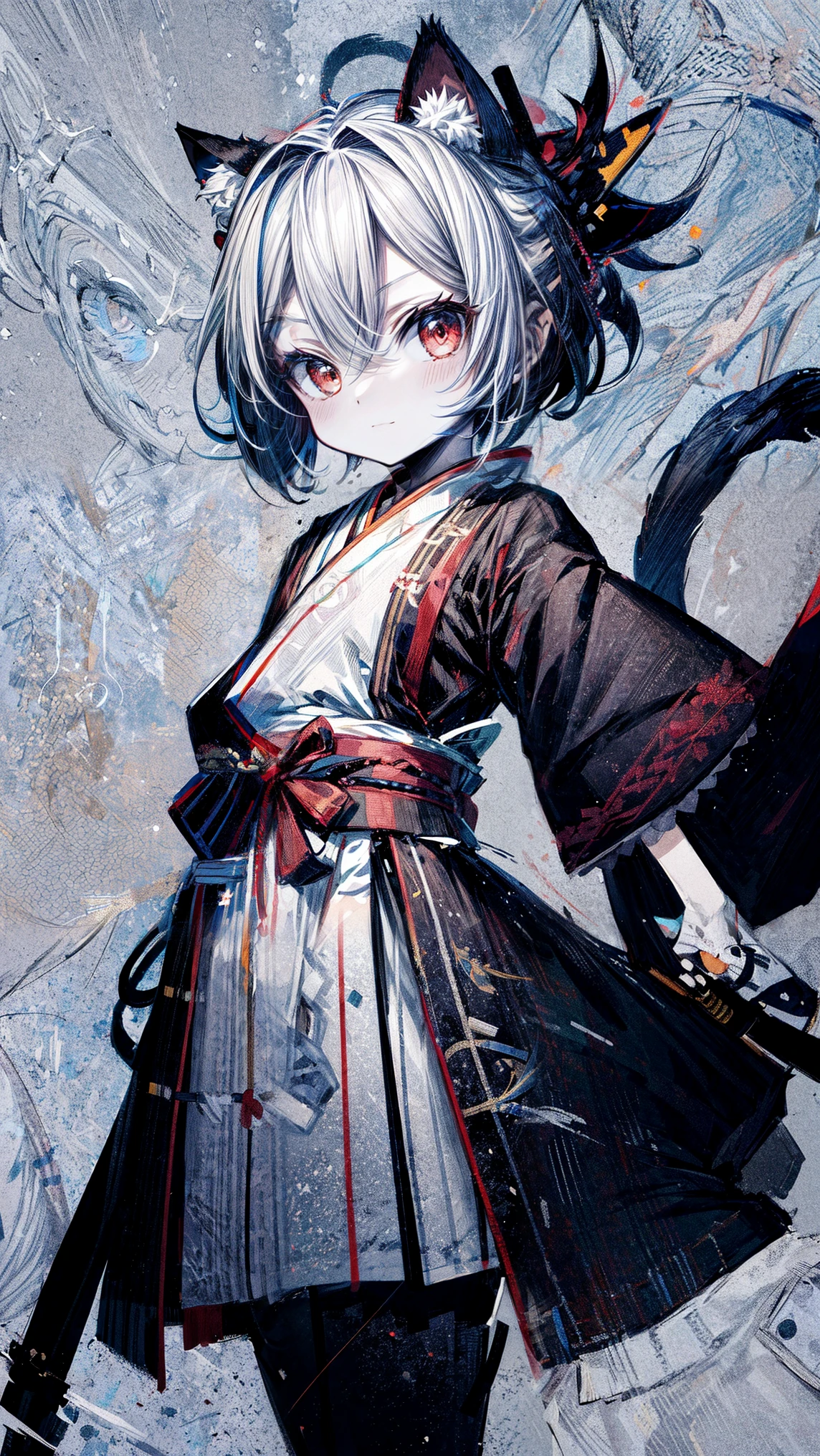 A chibi-style samurai cat with exaggerated cute features, large expressive eyes, and a small round body. The cat wears traditional samurai armor with intricate details, including a small katana strapped to its side. The design is clean and crisp, with distinct lines, flat colors, and no background. The character is presented in a neutral pose with arms slightly apart, ready to be rigged and animated in Spine 2D. Ensure the art style is cartoonish, vibrant, and suitable for animation layers