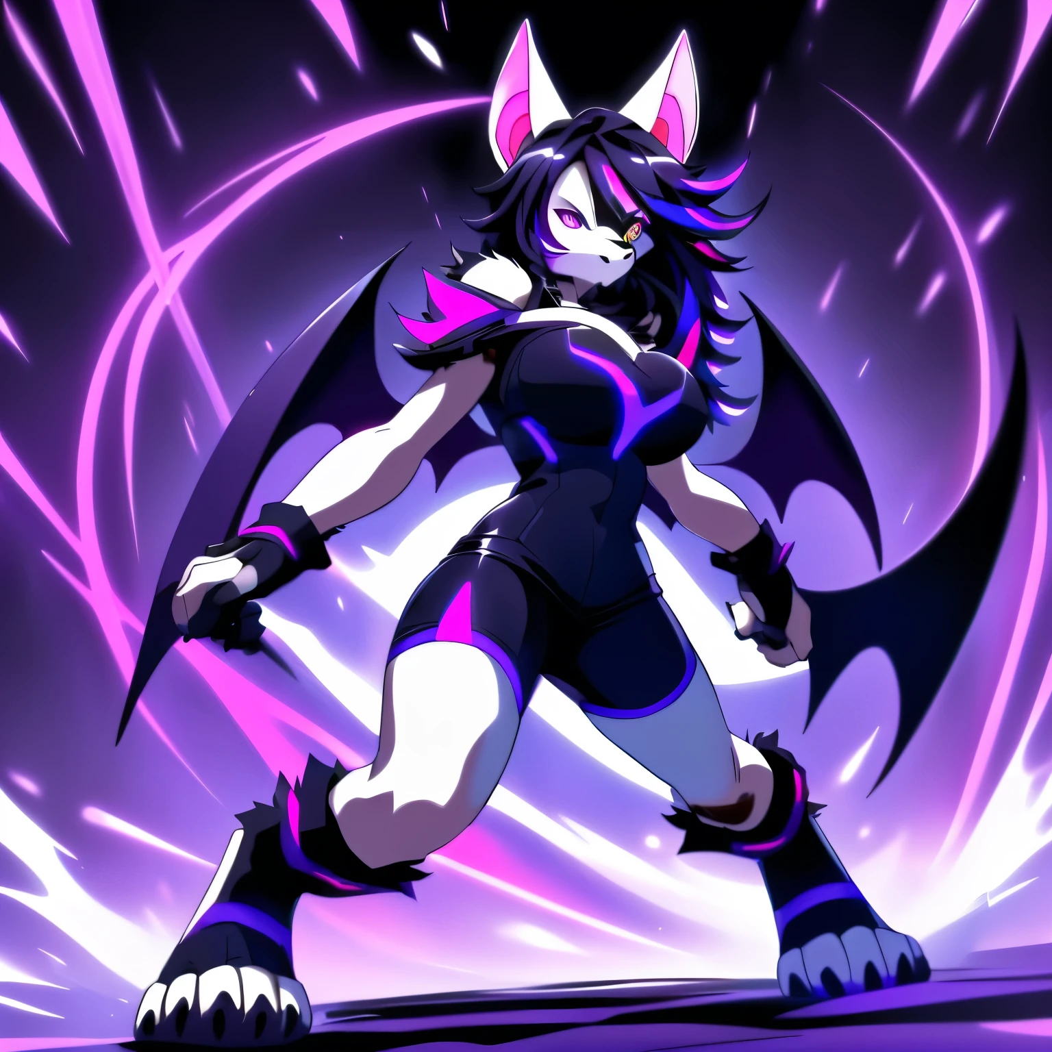 Anime, ((anime style)), ((single person:2)), ((solo drawing:2)), ((solo:2)), ((sfw version:1.5)), ((full body drawing)), ((plush build)), ((wearing a black halter top)), ((knee length black shorts:1.5)),  ((dark purple neon highlights:1.5)), ((action pose)), ((female Anthro bat)), ((Tall with large round breasts)), ((buxom figure)), ((white fur)), ((white bat ears)), ((white face)), ((neutral expression)), vivid yellow eyes, ((digitigrade legs)), highly detailed anime style, clean lines, white face, short white muzzle, white furry cheeks, white furry muzzle, ((white legs)), ((short black claws)), ((adult aged)), ((huge bat wings)), ((black and purple bat wings)), ((single pair of wings)),  ((white paws)), ((hind paws with 4 toes)), ((digitigrade paws)), ((Shoulder length black hair with neon purple highlights))