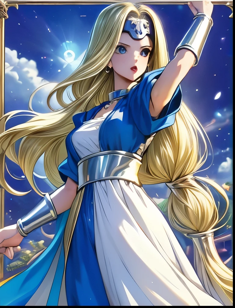 (((SFW、Accuracy、Highest quality、 A first-class masterpiece 、 Normal body 、8k、 detailed color 、 super precision 、 Normal Hands 、5 fingers、Highest)))、" DRAGON QUEST VI "、Mireille、Mireyu、 Blonde、 STRAIGHT LONG HAIR、Big Breasts、 slender、White and blue robes、 CIRCLET 、3-way whip