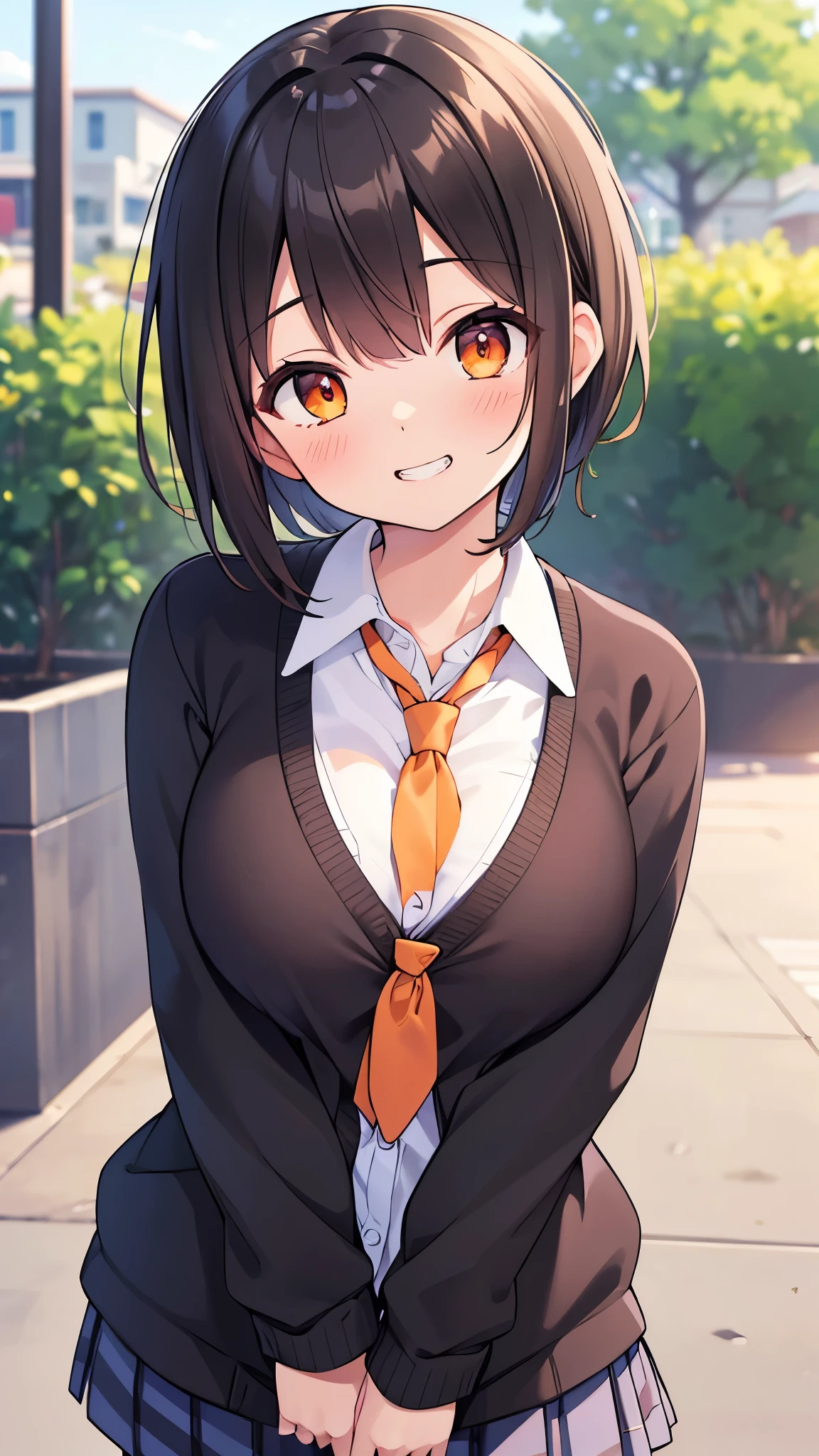 (Best quality, 4k, 8k, high resolution, masterpiece:1.2), ultra detailed, intricate details,SOLO,Cute girl, alone, school uniform, short hair, hair in a ponytail, black hair with brown ends, orange eyes, large breasts, tie, cardigan, blush, perfect smooth skin, looking at viewer, grin, head tilted, 
