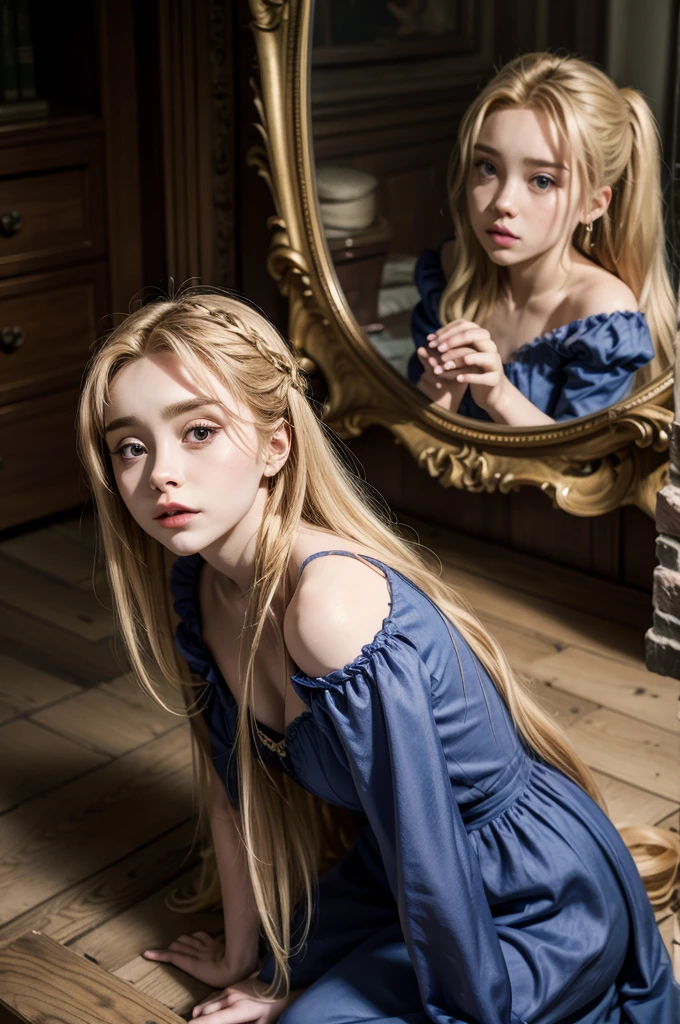 Victorian, lady, blonde hair, dark blue eyes