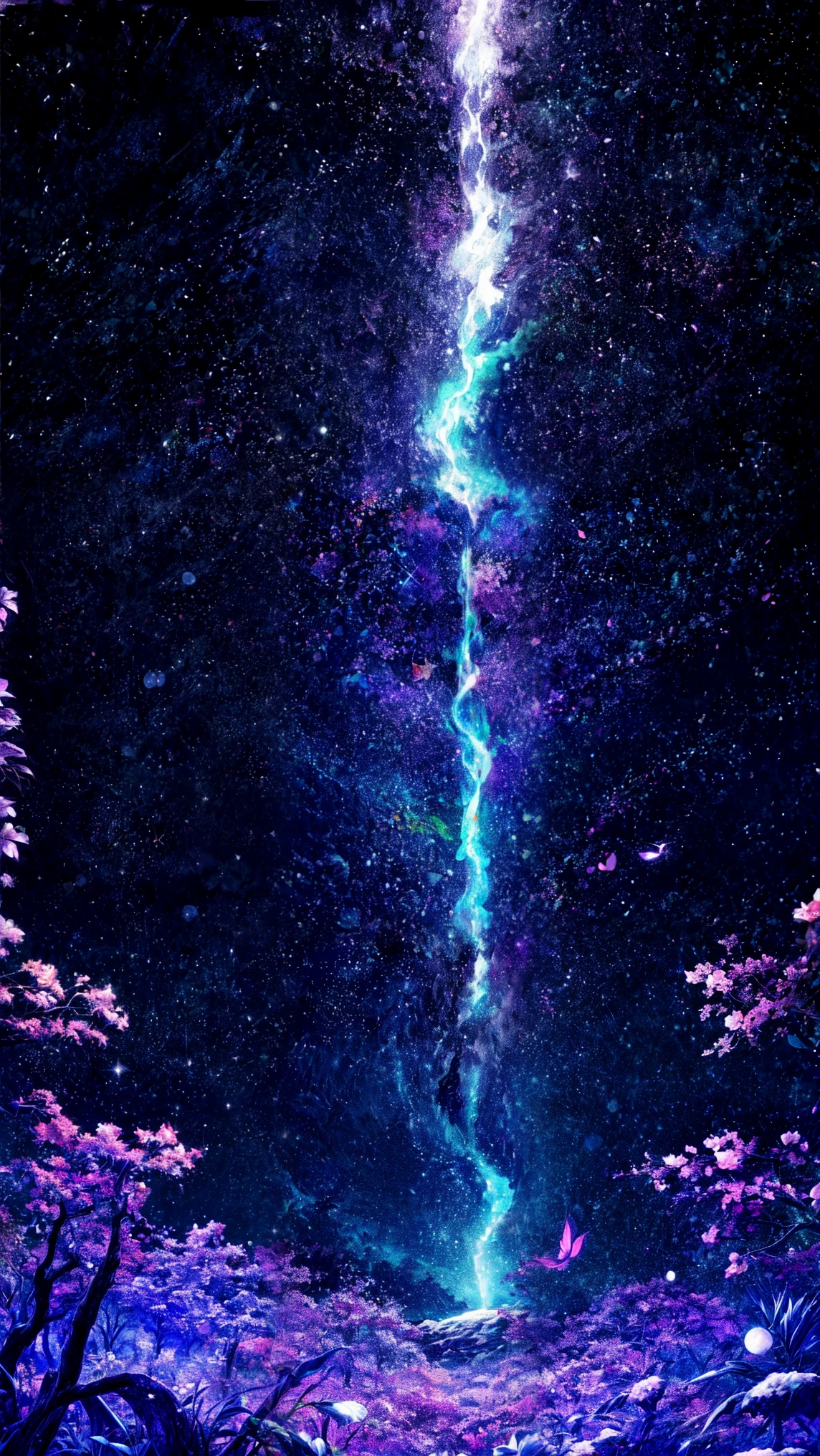 Magical midnight forest in anime style, with glowing flowers, fairy lights, and a luminous moon casting a soft glow. The cool, mystical tones create an enchanting ambiance, complemented by twinkling stars in the sky. The scene is serene and otherworldly, with no human figures.