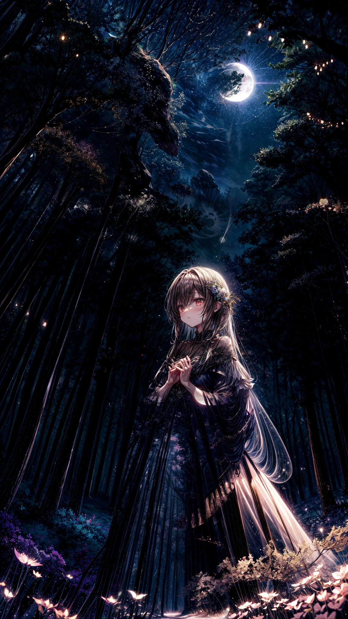 Magical midnight forest in anime style, with glowing flowers, fairy lights, and a luminous moon casting a soft glow. The cool, mystical tones create an enchanting ambiance, complemented by twinkling stars in the sky. The scene is serene and otherworldly, with no human figures.