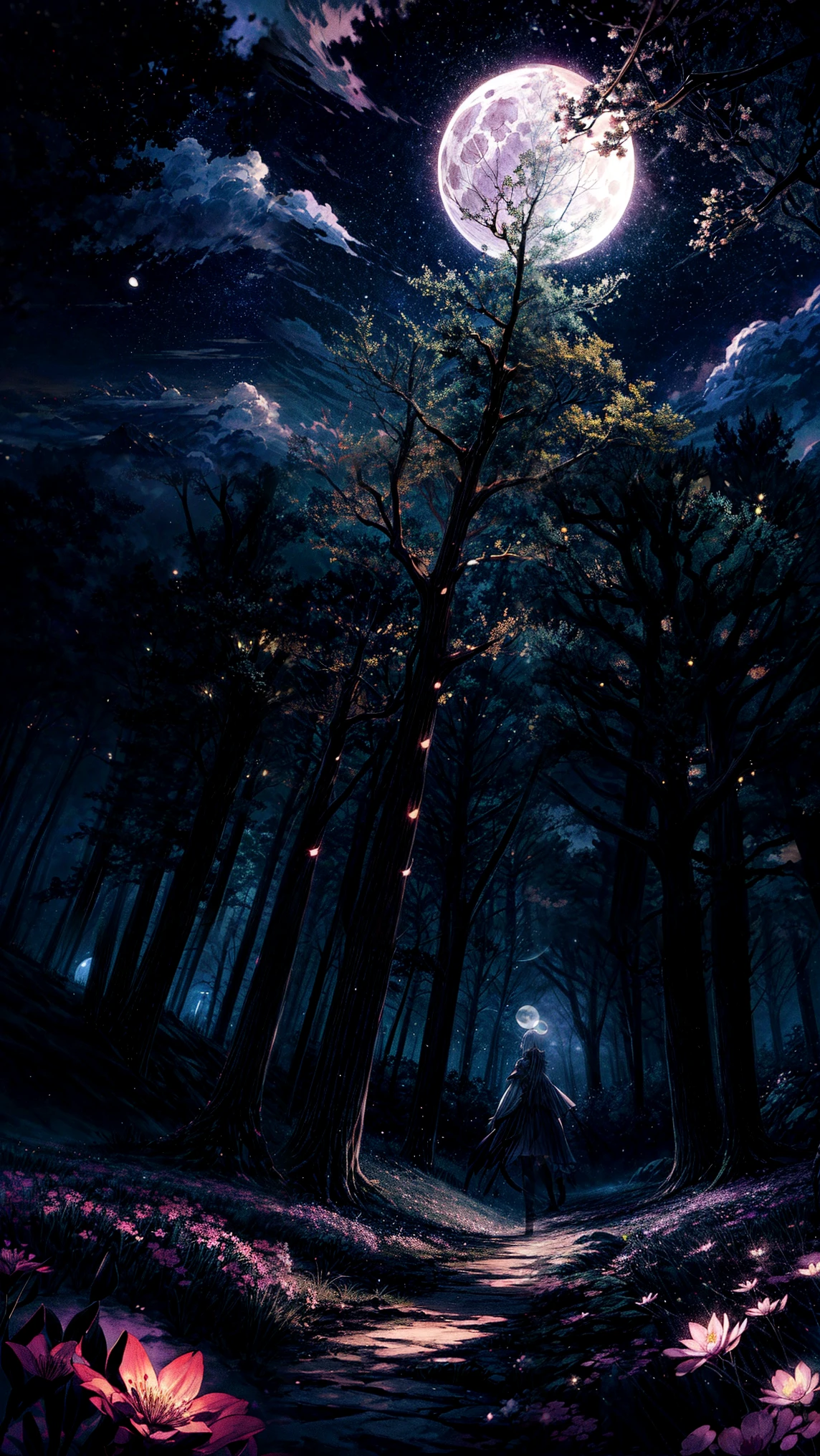 Magical midnight forest in anime style, with glowing flowers, fairy lights, and a luminous moon casting a soft glow. The cool, mystical tones create an enchanting ambiance, complemented by twinkling stars in the sky. The scene is serene and otherworldly, with no human figures.