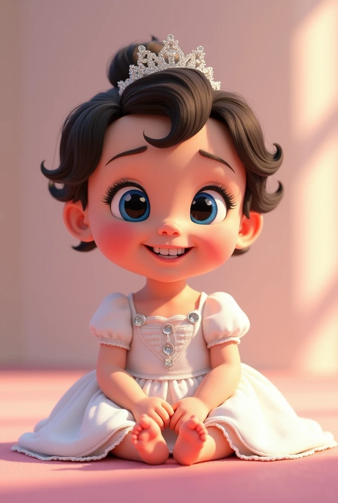 Create a Pixar-style cartoon image , a 10-month-old baby , with the following characteristics: white fur, dark brown hair with very short waves and little hair, blue eyes, smile with slightly separated front teeth . Create an image of her sitting, dressed as a princess and smiling . the image must appear her whole body .