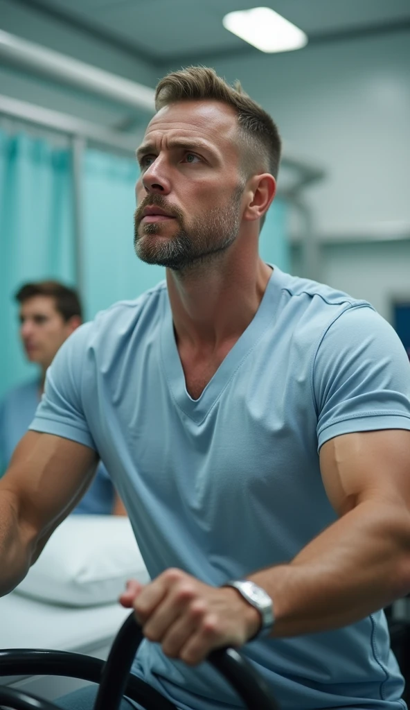A highly detailed and realistic image of a muscular man lying on a treatment table, undergoing electrostimulation therapy specifically on his abdominal muscles. The man has a well-defined physique, with visible abs and a focused expression. Electrodes are securely placed on his abs, connected to a device that displays digital controls. The clinical environment is well-lit, showcasing medical equipment in the background. The image captures the intensity of the therapy, highlighting the man's dedication to fitness and health.