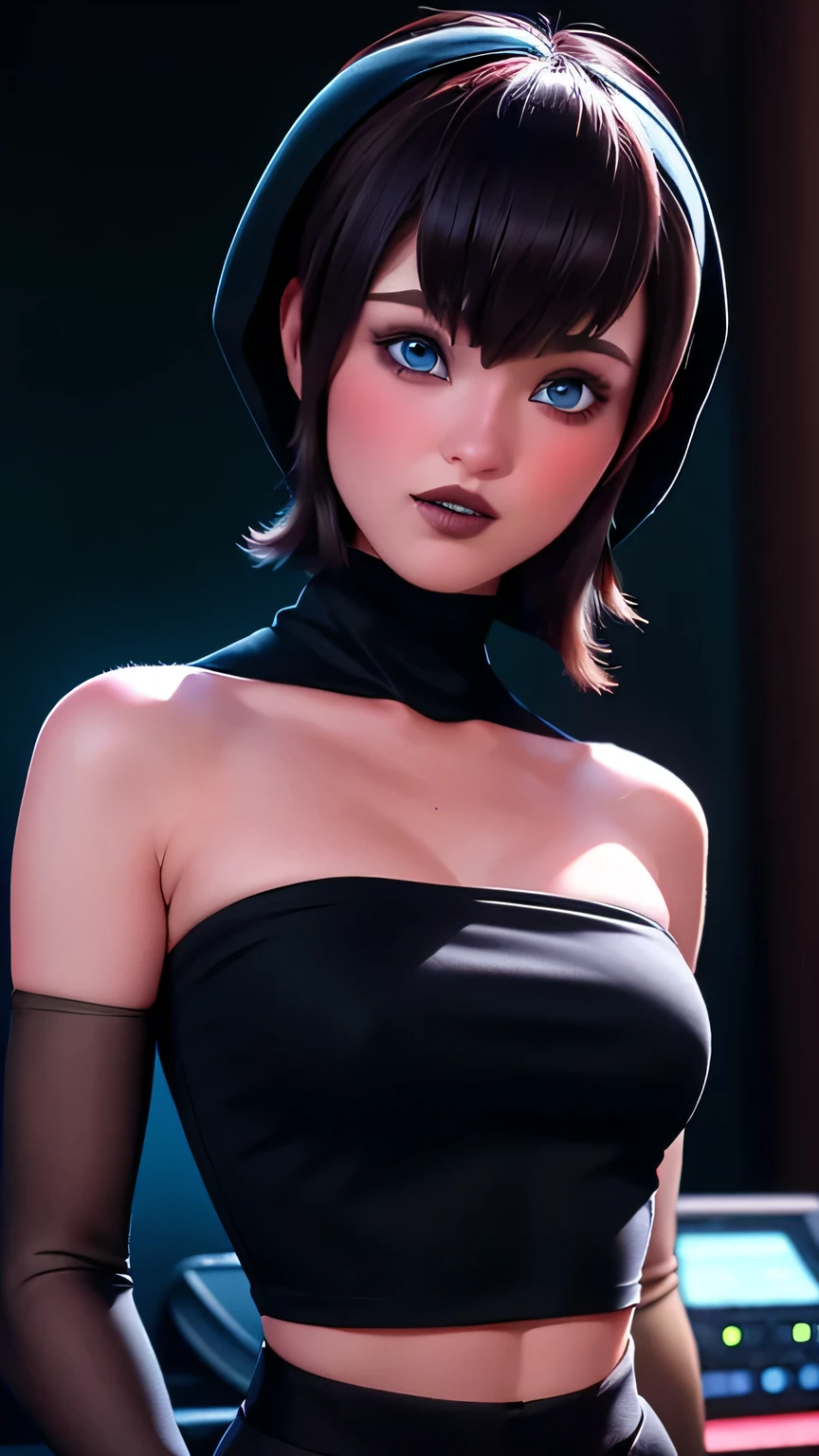 A man from the front, high quality, realistic, ultra realistic, wearing a Solid Strapless Bandeau tube Tops Basic Crop Tube Tops details, deep cleavages, blush face,hooded, bright blue eyes,black perfected lips ,with effects, dj