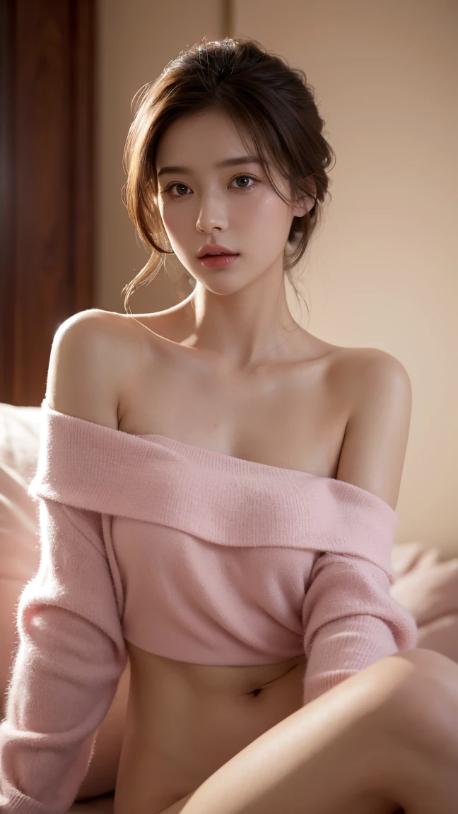 (colored picture), Photo realistic of beautiful asian、slender abs, (Highlight Haircutreast A Cup:1.2), small breast, round shape breast, perfect shape breast,(( )), she is sitting and reading a book in a cozy indoor setting. The scene is bathed in the warm, golden light of a late afternoon, streaming in from a window directly behind her. She is wearing a soft pink sweater relaxed neckline that casually ((drapes off one shoulder)), exposing slender shoulders with black bra , highlighted by the rays of light creating a radiant effect on her skin. , mid-shot , light rays, warm atmosphere