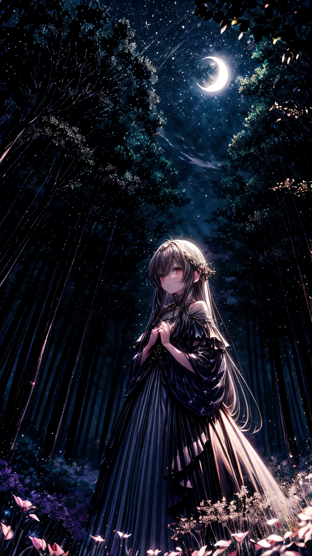 Magical midnight forest in anime style, with glowing flowers, fairy lights, and a luminous moon casting a soft glow. The cool, mystical tones create an enchanting ambiance, complemented by twinkling stars in the sky. The scene is serene and otherworldly, with no human figures.