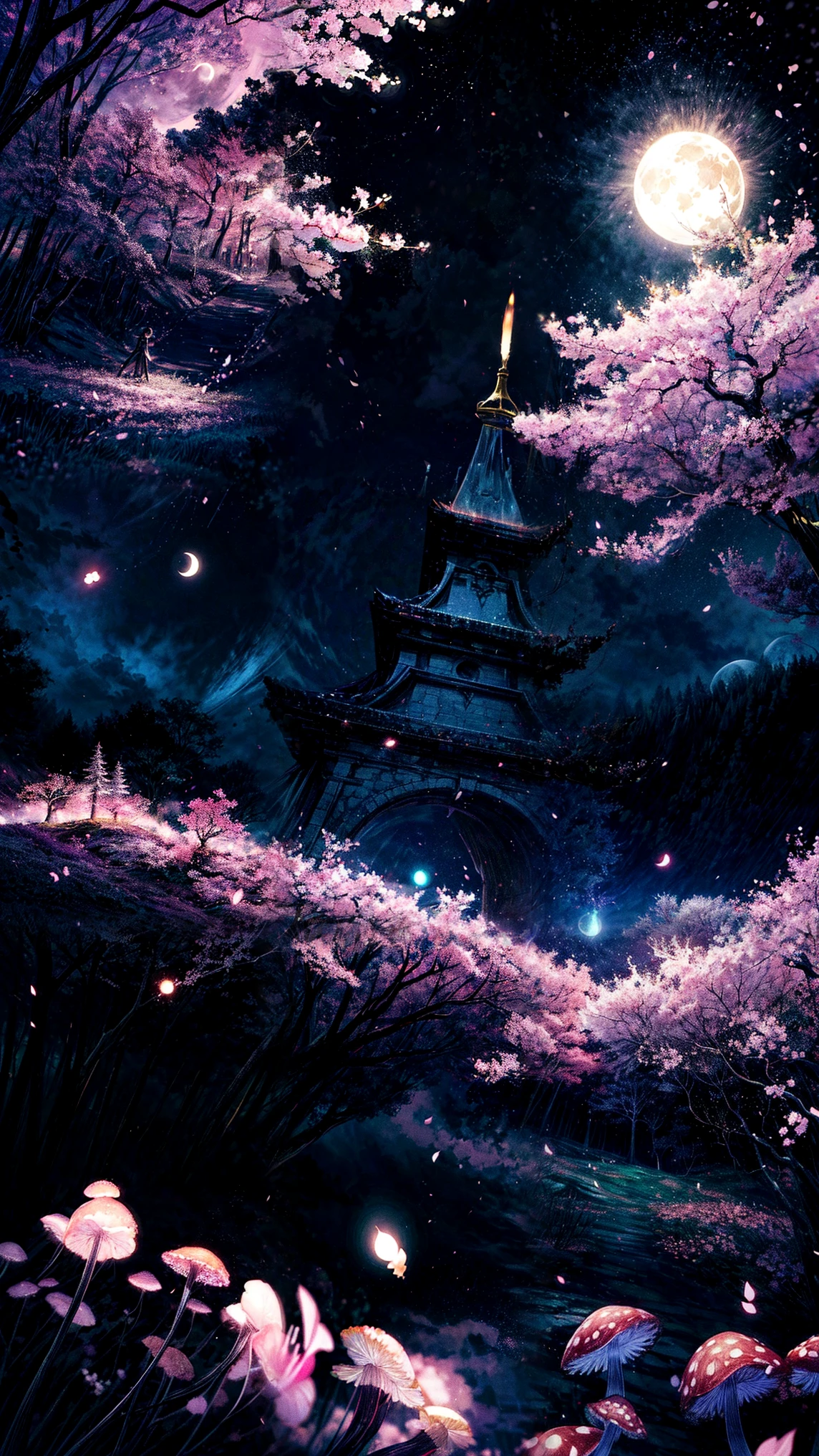 Magical midnight forest in anime style, with glowing flowers, fairy light particles floating , cherry blossoms  petals are falling , glowing magical mushrooms in land and a luminous moon casting a soft glow. The cool, mystical tones create an enchanting ambiance, complemented by twinkling stars in the sky. The scene is serene and otherworldly, with no human figures 