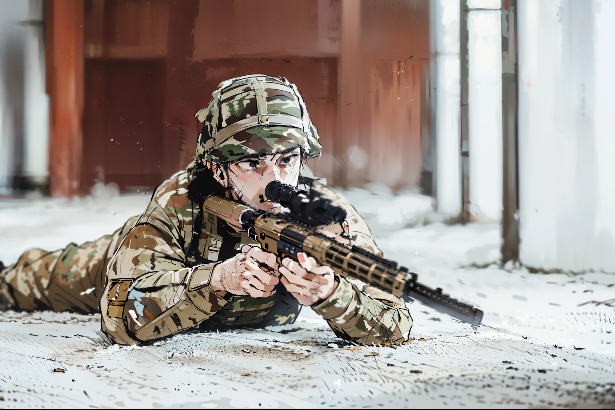 arafed soldier with rifle lying on the ground in a building, holding rifle, a soldier aiming a gun, holding a sniper rifle, airsoft cqb, holding a rifle, military photography, military weaponry, with rifle, carrying a rifle, with rifle in hands, man is carrying a rifle, bolt action rifle, soldier, wielding assault rifle, multicam camo