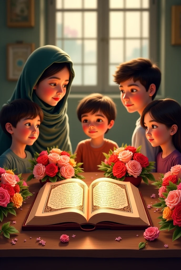 most beautiful Girl from Middle East, Latina, hijab, one hand book, second hand flower rose looking to flowers, With her children 2 boy,