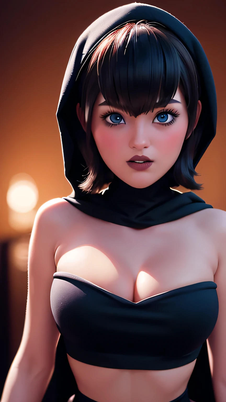 A man from the front, high quality, realistic, ultra realistic, wearing a Solid Strapless Bandeau tube Tops Basic Crop Tube Tops details, deep cleavages, blush face,hooded, bright blue eyes,black perfected lips ,with effects, dj ,thick thights, big waist,