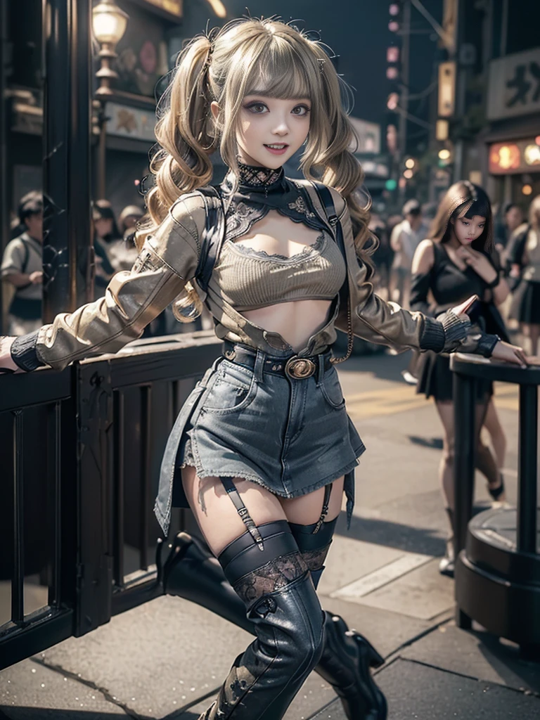 (Full Body View:1.2)、(Side view:1.2)、(Smiling with teeth showing:1.3),(Shibuya Gal:1.5)、(Beautiful:1.4)、(gothic fashion:1.5)、(Punk RockVisual Kei:1.3)、(Futuristic baby doll in black, white and denim:1.5)、(A delicate jacket in beige, white and navy:1.5)、(Denim garter belt:1.5)、(Denim and black and white bodysuit:1.4)、(Heart-shaped silver accessories:1.5)、(Brown Skin Belt:1.4)、(Blue High Heels:1.4)、(Lace patterned underwear:1.4)、28 years old、NSFW,((Highest quality、In 8K、masterpiece:1.3))、Sharp focus:1.2、(Layered Cut、Beautiful boobs:1.1),Beautiful woman with perfect figure:1.4、(Doing an aerobics pose:1.3)、Slender Abs:1.2、Butt、Highly detailed face and skin texture、Detailed eyes、double eyelid,(Twin tails:1.3)、(Light gold colored hair:1.3)、Obscene、Gravure idol、(Luxurious amusement park at night:1.3)、(Make your legs thinner:1.4)、(Thin thighs:1.4)、(Slim Body:1.3)、(clavicle:1.1)