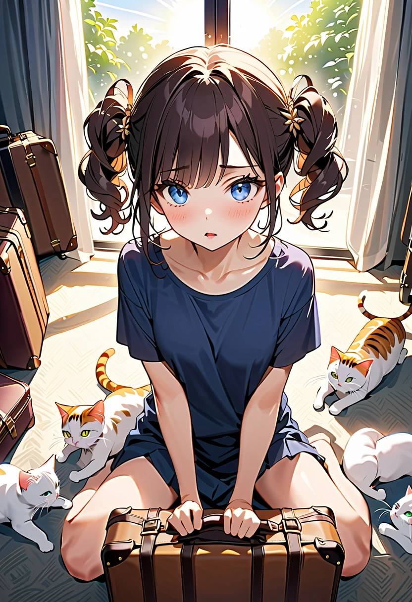 (Girl preparing for a trip 、When I sit on the carpet and open my suitcase, it's full of kittens:1.5、 The bright sun shines through the window early in the morning :1.5)、(( One Girl:1.5)、((Girl:1.5))、university student:1.5)、 best quality 、 high resolution、 detailed background 、 beautiful face down to the smallest detail、 anatomically correct、 detailed expressions 、fine grain、((whole body, from above:1.5, side view)), Dark brown hair color 、Ultra-detailed eyes、 big beautiful blue eyes、 long eyelashes 、Full lips、 pink lips、 Braided Twin Tails 、((stupid hair:1.5))、( elegant and chic dark blue t-shirt、 Elegant and chic middle skirt 、 Elegant and Chic Hair Ornaments )、((Dissatisfied expression、 troubled、I'm so excited:1.5、Give up))、(( The background is an adult's elegant and chic room))