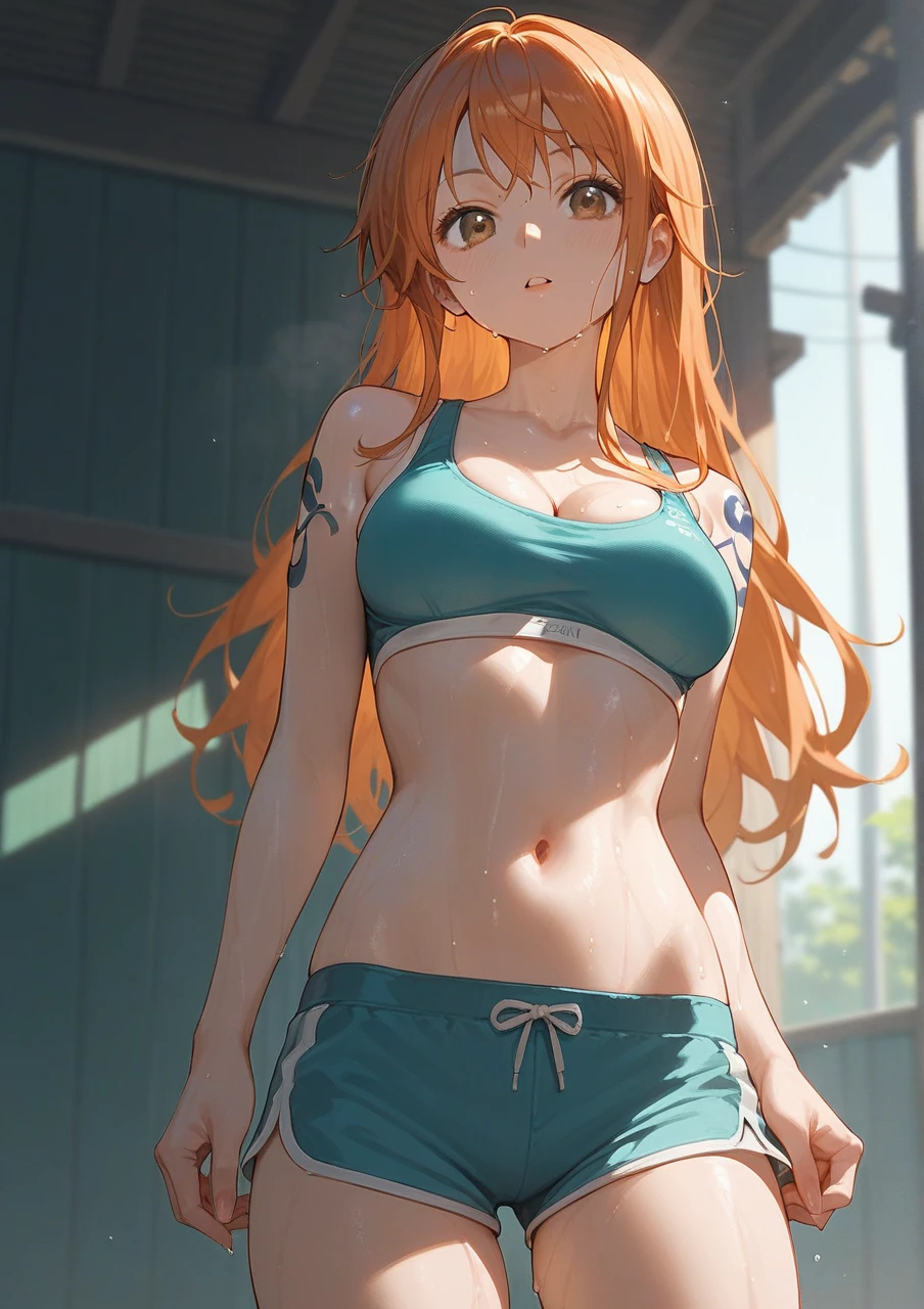 nsfw, masterpiece, 1 girl, intricately detailed, navel, necklace, orange hair, jogging pants, smiling, extremely detailed, photorealistic, octane render, 8 k, unreal engine., bare breasts, bare stomach, sweaty, wet body, beautiful face, small breasts, petite body, child, flat chest, silence suzuka \(umamusume\), jogging, park, horse ear, horse tail, bare shoulders, microbikini, holding water bottle