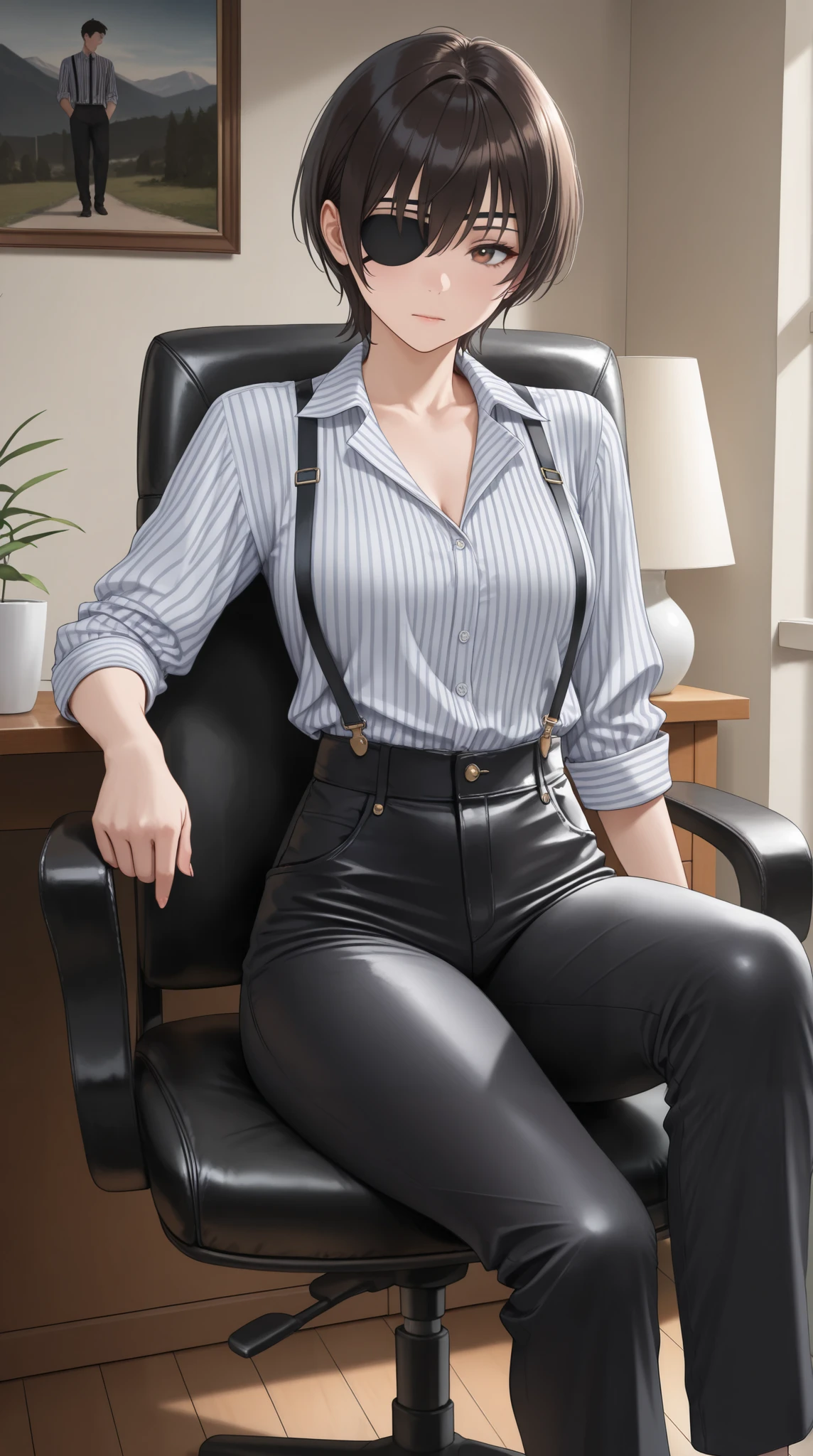 (( best quality )),( super high definition),( very detailed),( Detailed explanation ),(( best CG )),( Best Works of Art ), Ultra Precision Art , Amazing Painting Art,( Exact Detailed Art:1.5), woman, Eye patch to hide one eye, short hair while on a business trip, Vertical Striped Shirts , suspenders, straight pants, Cold atmosphere, sitting on a leather chair,