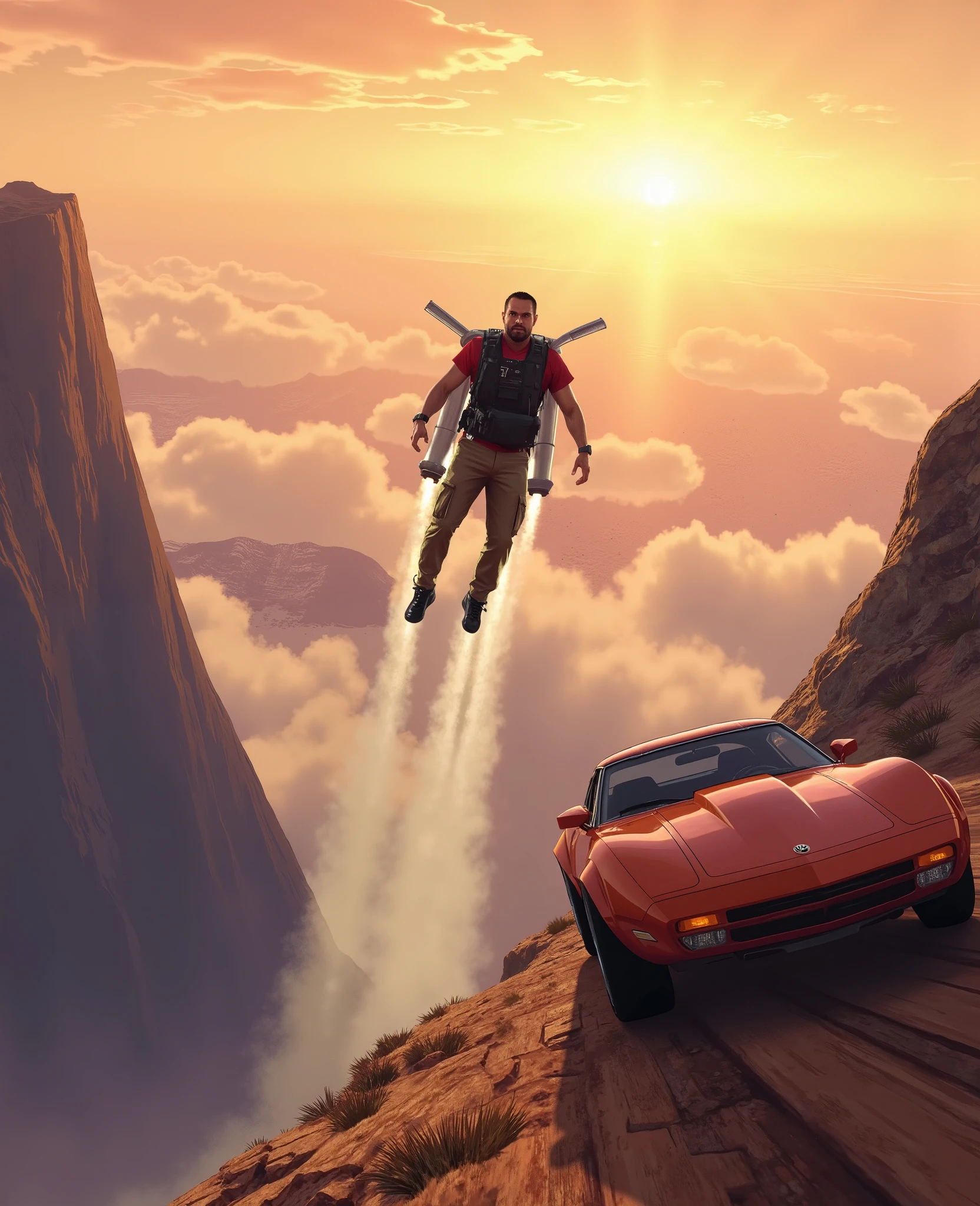 GTA V artwork, man jumping from mountain with jat pack, aside car orange, lens flare f1.2mm perspective from bottom view to sky, with clouds amount be longer distance, sunset aftermoon weather.