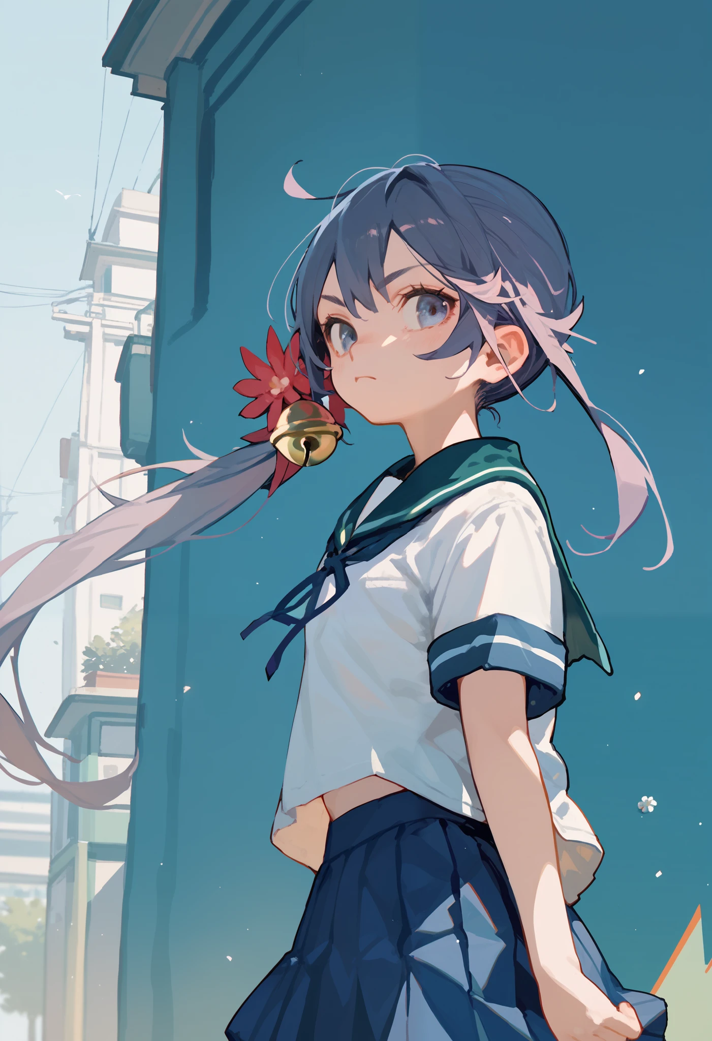 akebonokaiKC, long hair,hair ornament, school uniform, short sleeves, pleated skirt, hair flower, sailor collar, side ponytail, blue skirt, hair bell,
