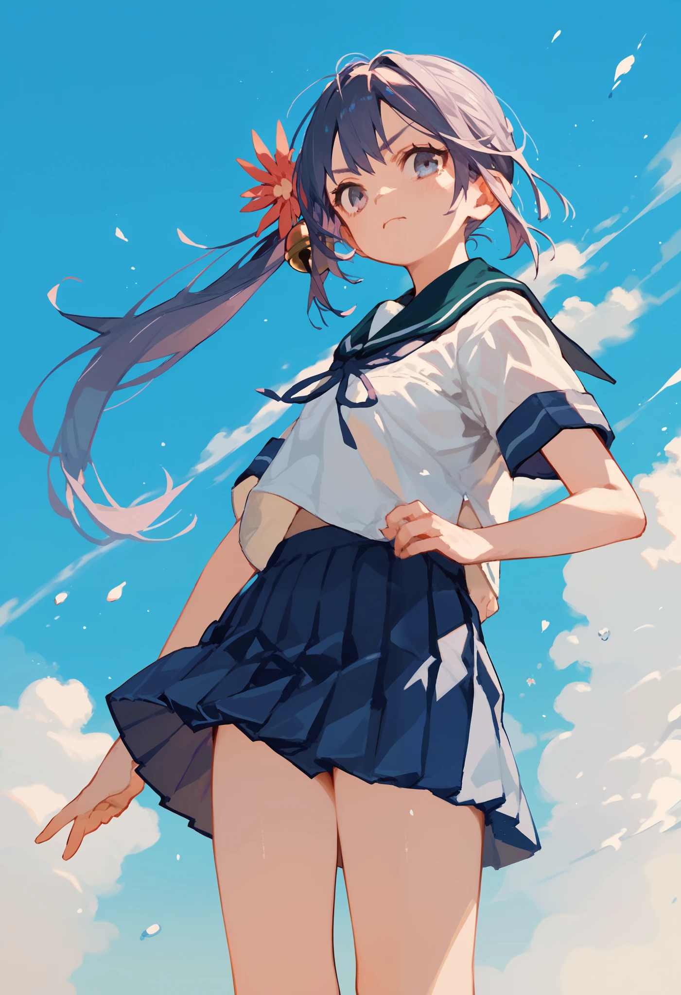 akebonokaiKC, long hair,hair ornament, school uniform, short sleeves, pleated skirt, hair flower, sailor collar, side ponytail, blue skirt, hair bell,