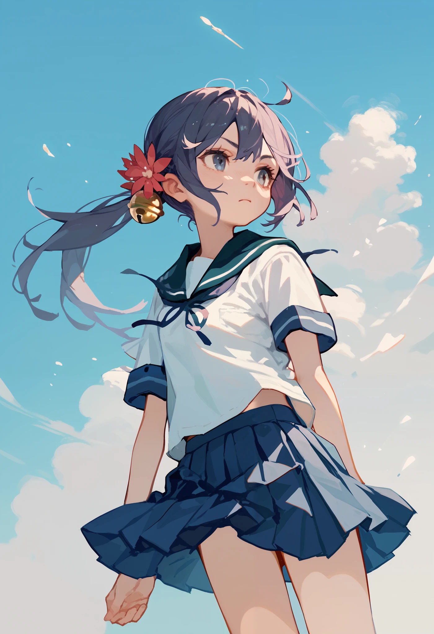 akebonokaiKC, long hair,hair ornament, school uniform, short sleeves, pleated skirt, hair flower, sailor collar, side ponytail, blue skirt, hair bell,