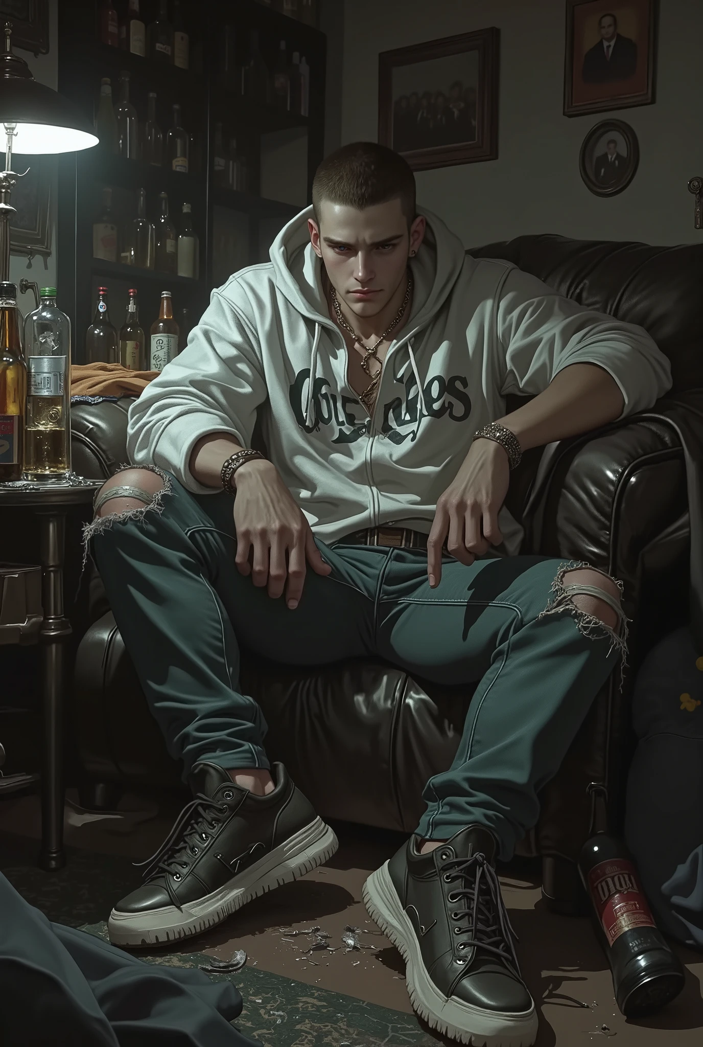 "Create a semi-realistic anime-style watercolor illustration with dark, moody tones and dramatic shadows. The setting is a small, cramped, and dimly lit apartment, cluttered with empty beer bottles, discarded clothes, and signs of neglect. Focus on Aiden Murphy, British man, 22 years, a tall, muscular figure with broad shoulders and a rugged, slightly weathered appearance. His face is distinctly masculine, with sharp, strong jawlines and a chiseled, slightly stubbled chin, adding to his rough allure. He is seated on a worn-out couch or leaning against a messy table, wearing an oversized, faded hoodie with fraying cuffs and a few small holes, paired with old, baggy jeans that are slightly torn at the knees. His shoes are scuffed trainers that have seen better days. His dark brown hair is buzzed short, revealing the faint curve of his skull beneath, and his piercing blue eyes convey exhaustion and intensity. His pose is subtly thoughtful, with a rough, unpolished charm, emphasizing his imposing frame. The faint light from a flickering lamp casts dramatic shadows across his features and the room, enhancing the gritty, raw atmosphere."