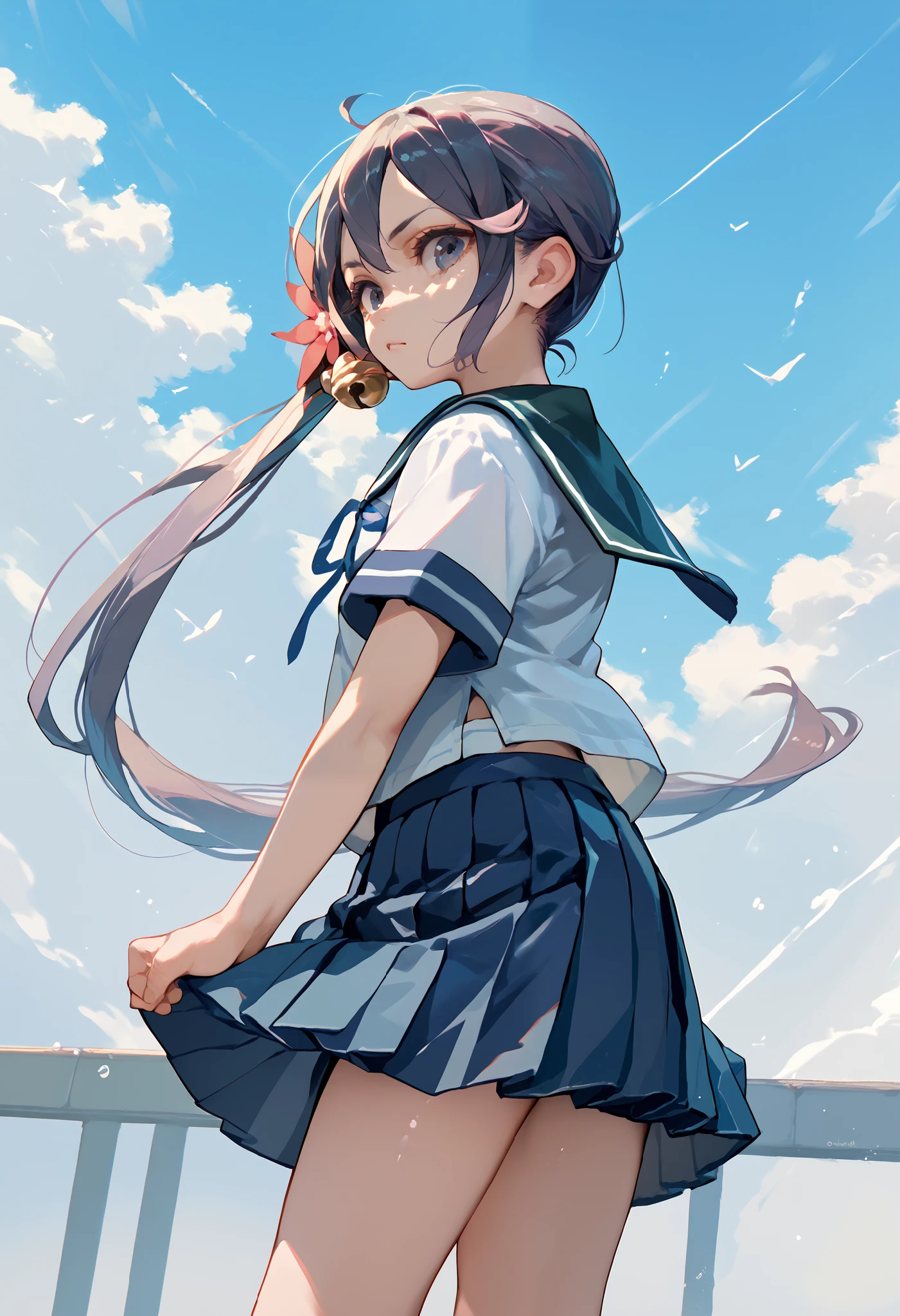 akebonokaiKC, long hair,hair ornament, school uniform, short sleeves, pleated skirt, hair flower, sailor collar, side ponytail, blue skirt, hair bell,